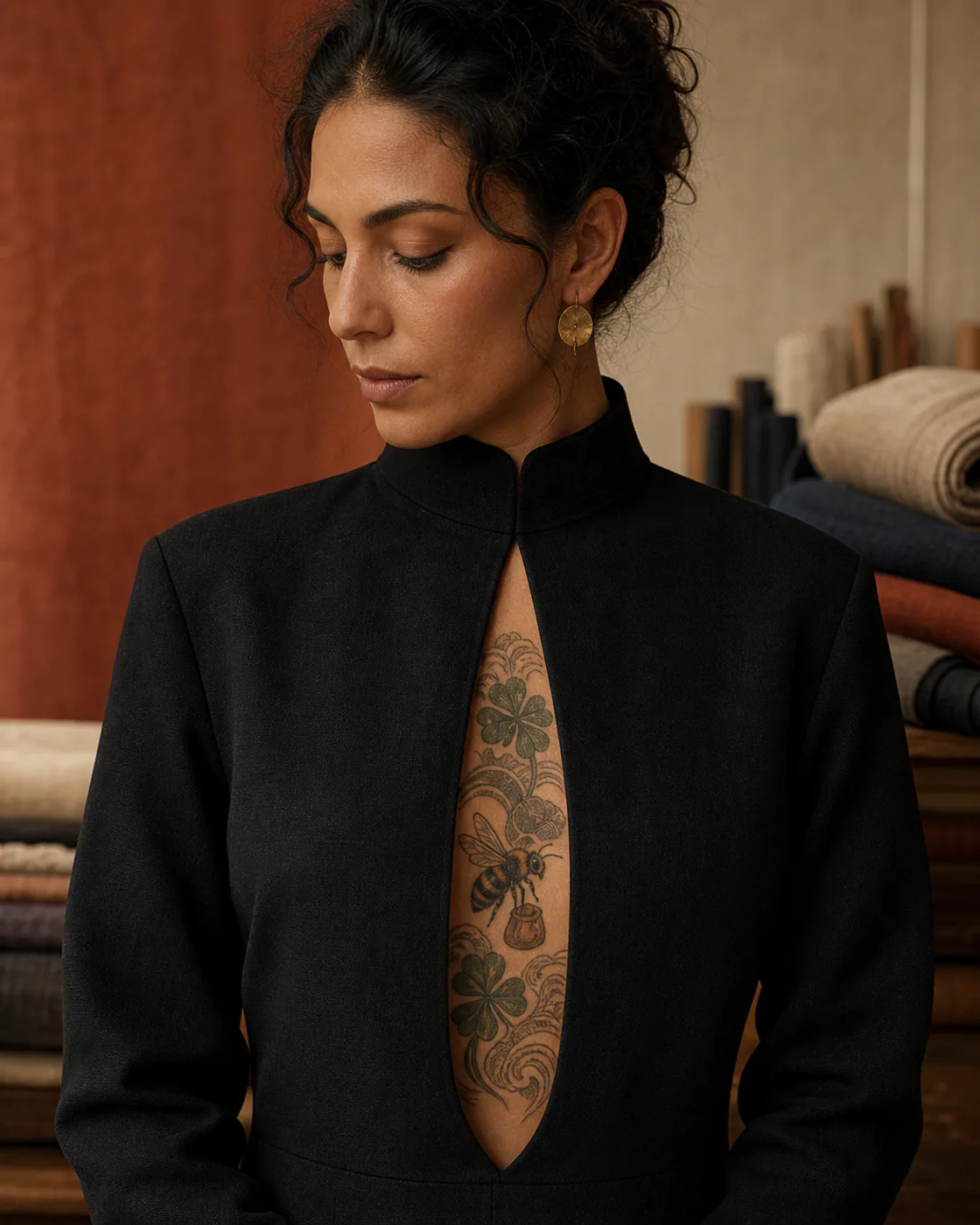 Japanese tattoo of a bee carrying a tiny satchel through oversized clover on the sternum