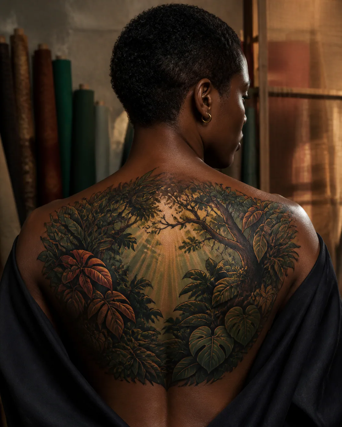 Neo-Traditional tattoo of a rainforest canopy opening around a descending sunbeam executed as a healed cover-up on the upper back