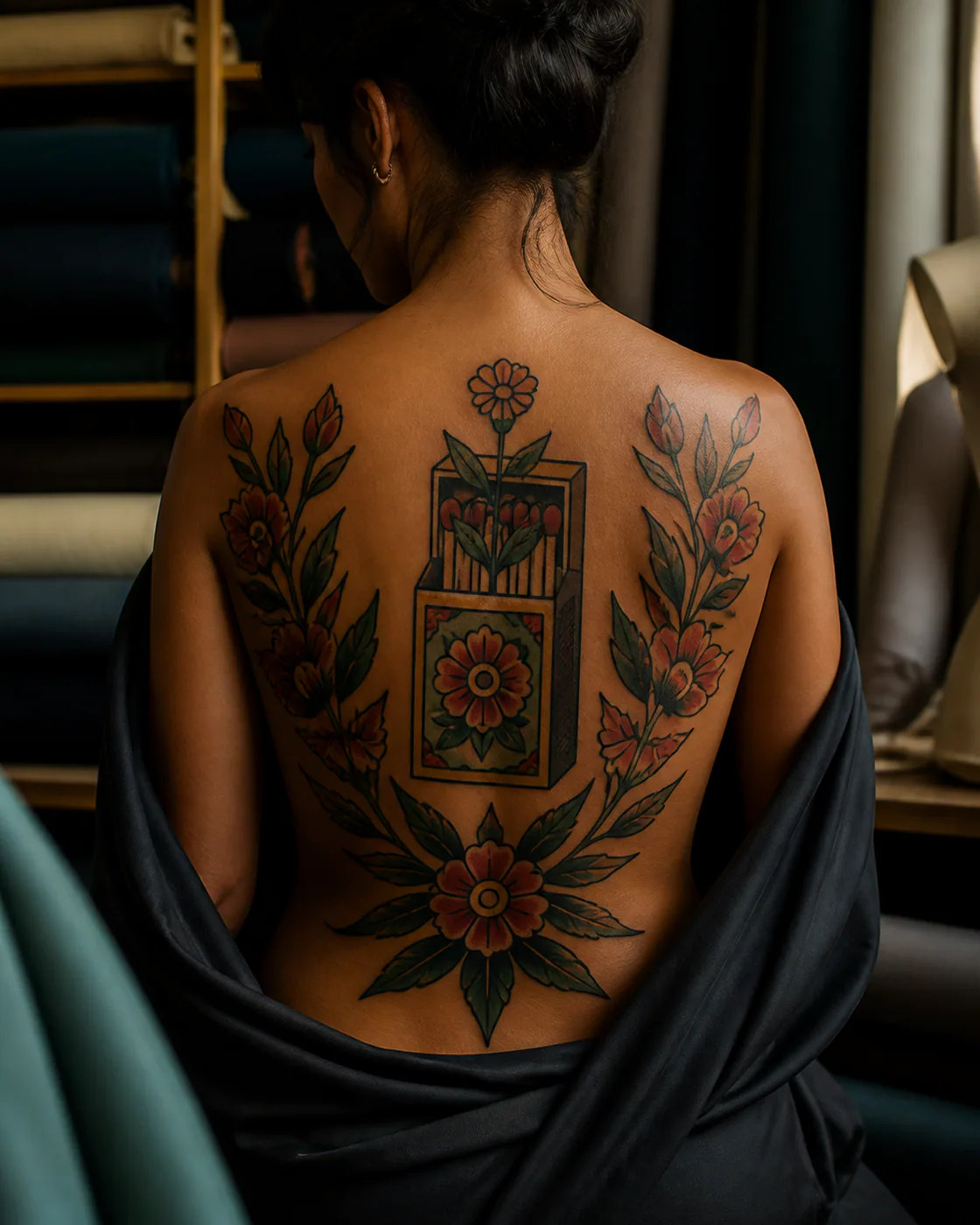 American Traditional tattoo of a matchbox holding one tiny preserved wildflower executed as a healed cover-up on the full back