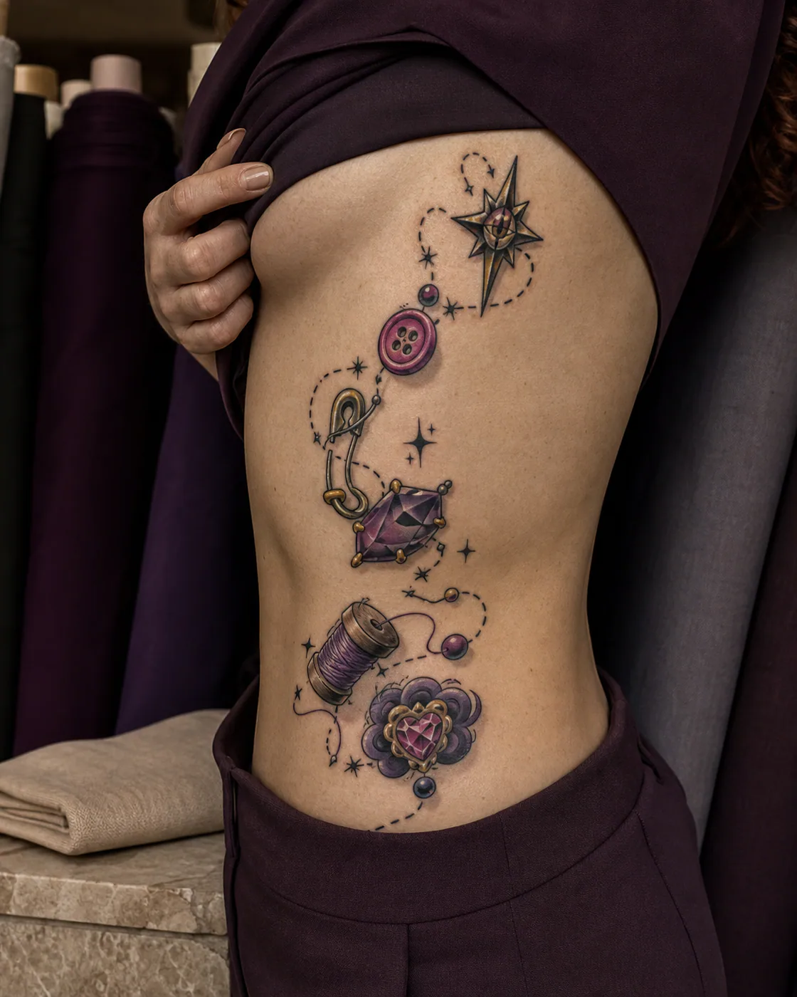New School tattoo of a constellation of abstract charms linked by broken dotted paths executed as a healed cover-up on the side ribs