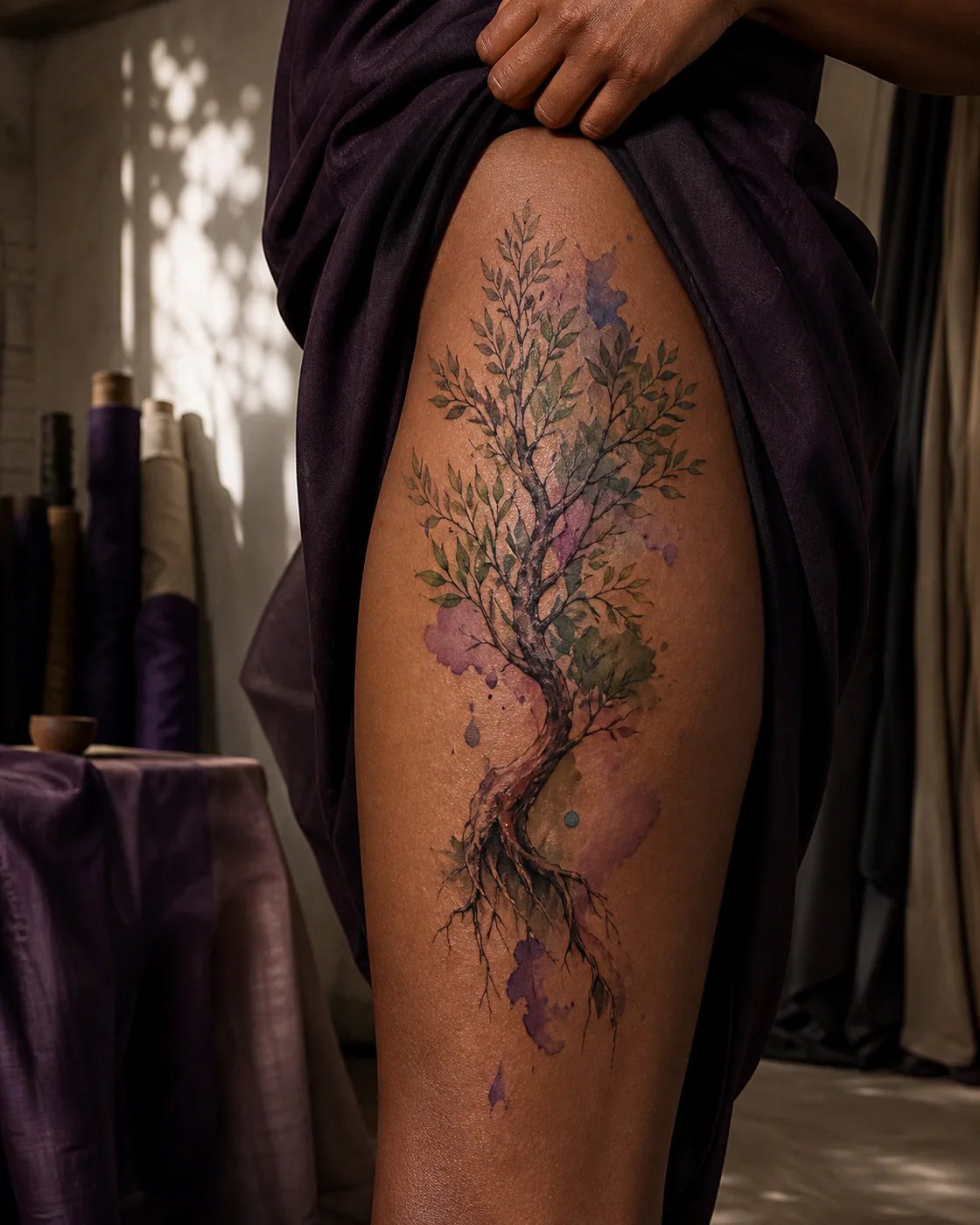 Watercolor tattoo of a delicate maiden olive tree growing from exposed roots on the outer thigh
