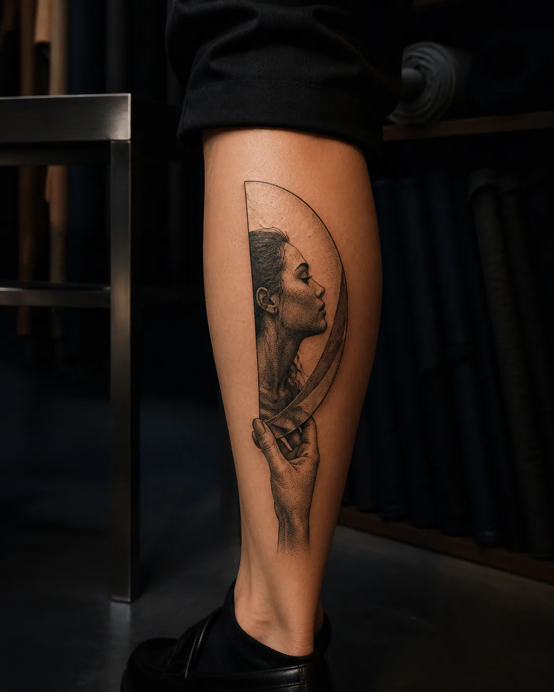 Dotwork tattoo of an original profile reflected inside a curved mirror fragment on the calf