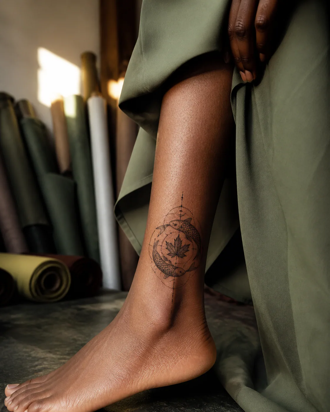 Geometric tattoo of a pair of koi circling a submerged maple leaf on the ankle