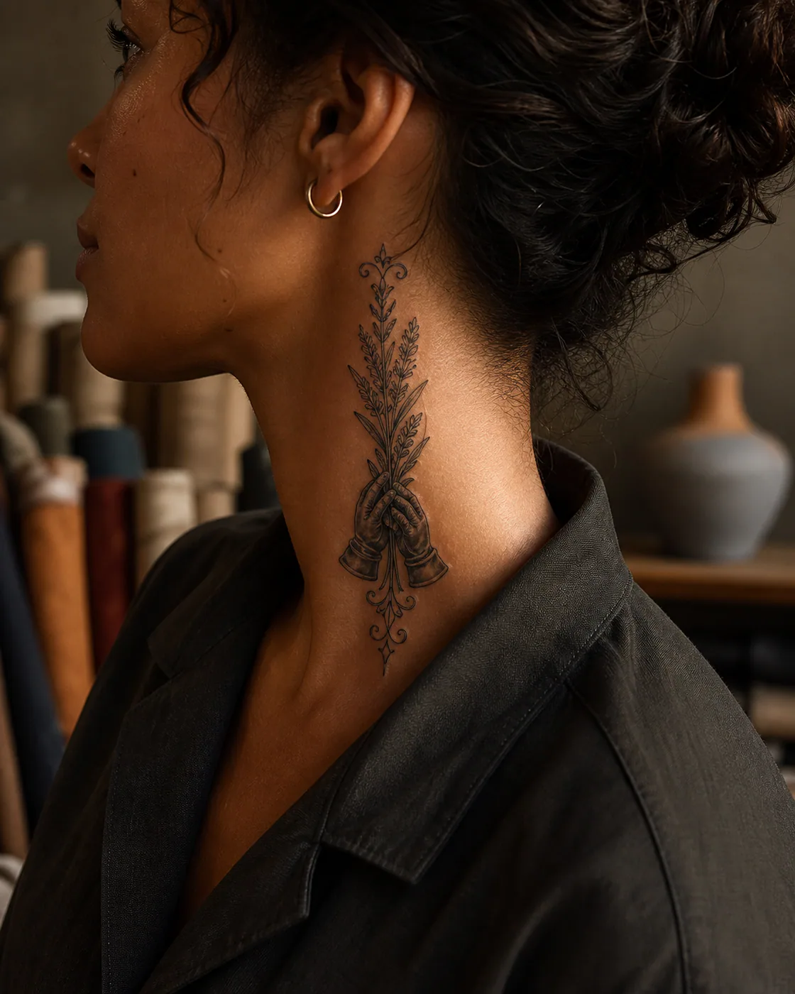Ornamental tattoo of a pair of worn gloves holding a sprig of desert sage on the side of neck