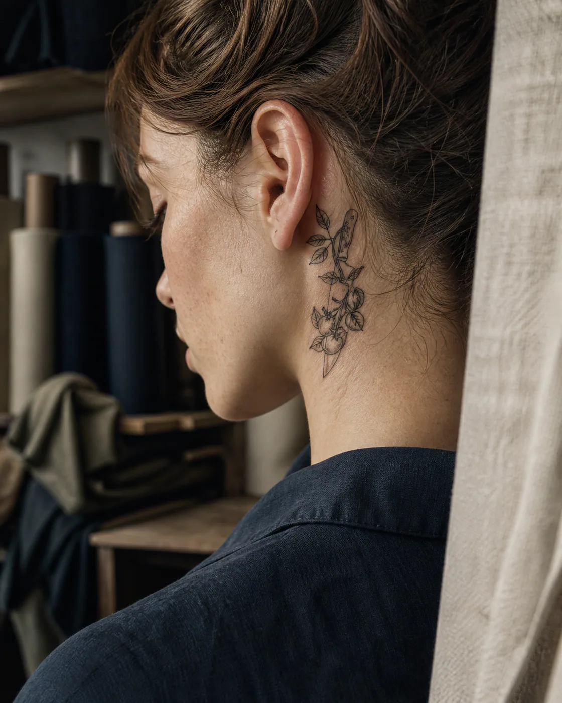 Illustrative tattoo of a tomato vine curling around a polished kitchen knife on the behind the ear