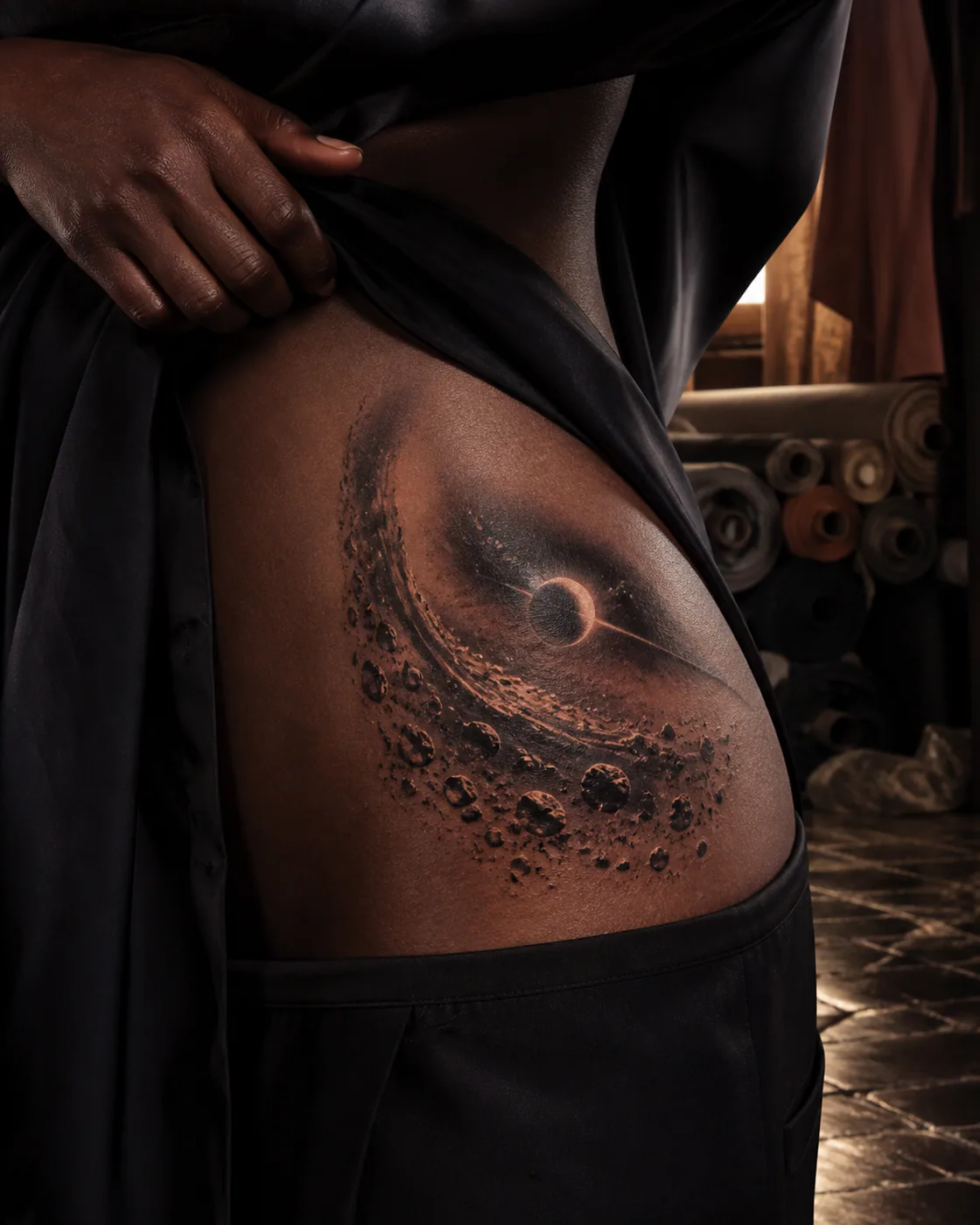 Surrealism tattoo of an asteroid belt sweeping around a small luminous planet on the hip