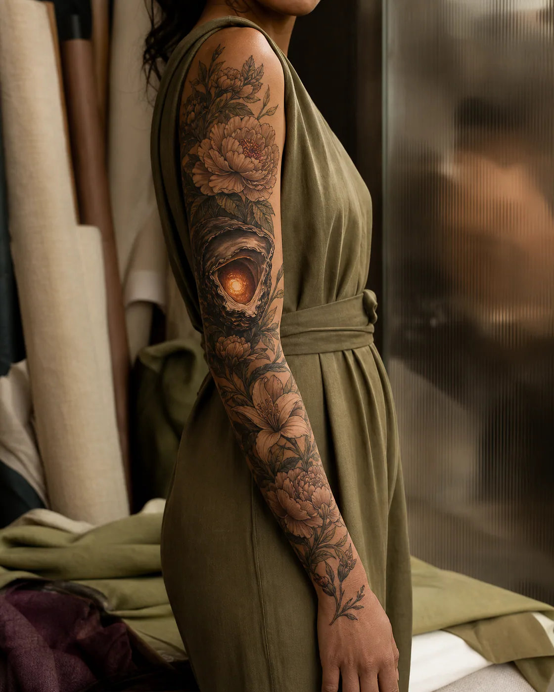Floral tattoo of a tide-worn shell protecting a bright central ember on the full sleeve
