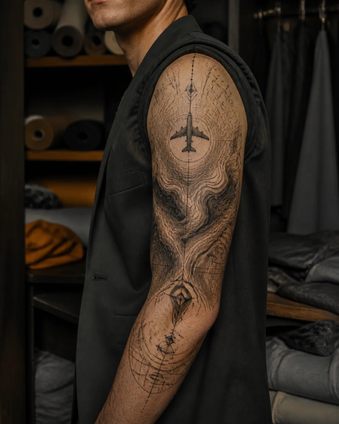 Cybersigilism tattoo of a small aircraft shadow passing over layered topography on the half sleeve