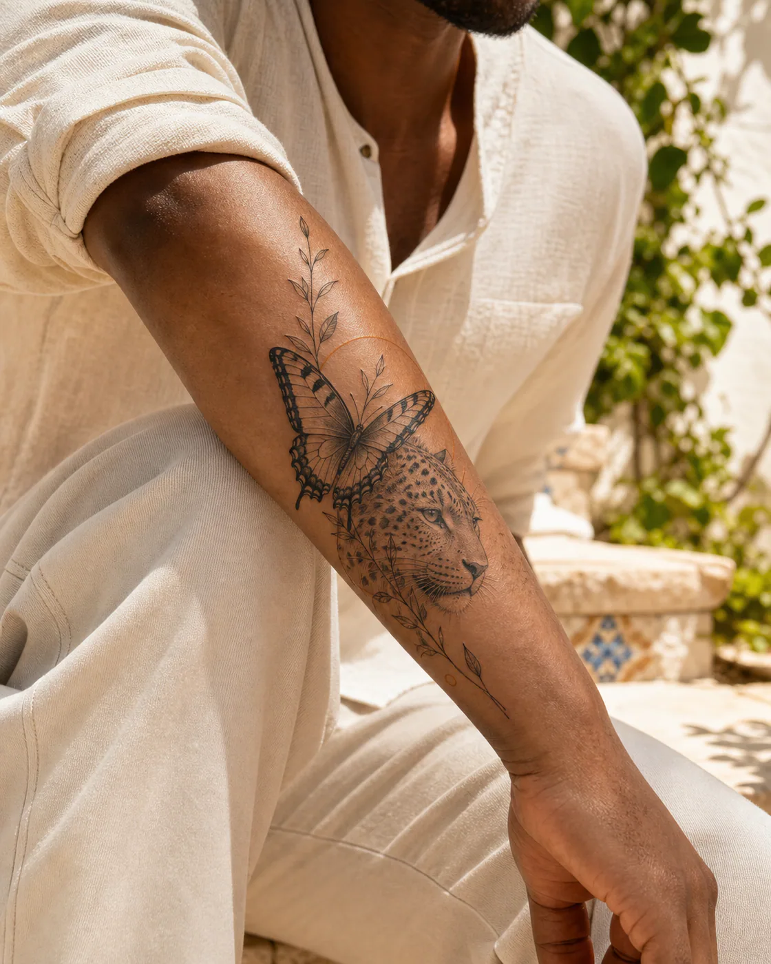 Fine Line tattoo of a swallowtail butterfly crossing the profile of a resting snow leopard featuring an integrated butterfly on the forearm