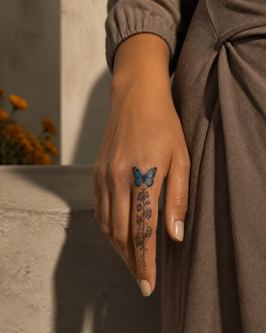 Neo-Traditional tattoo of a blue morpho opening above a spray of climbing sweet peas featuring an integrated butterfly on the finger