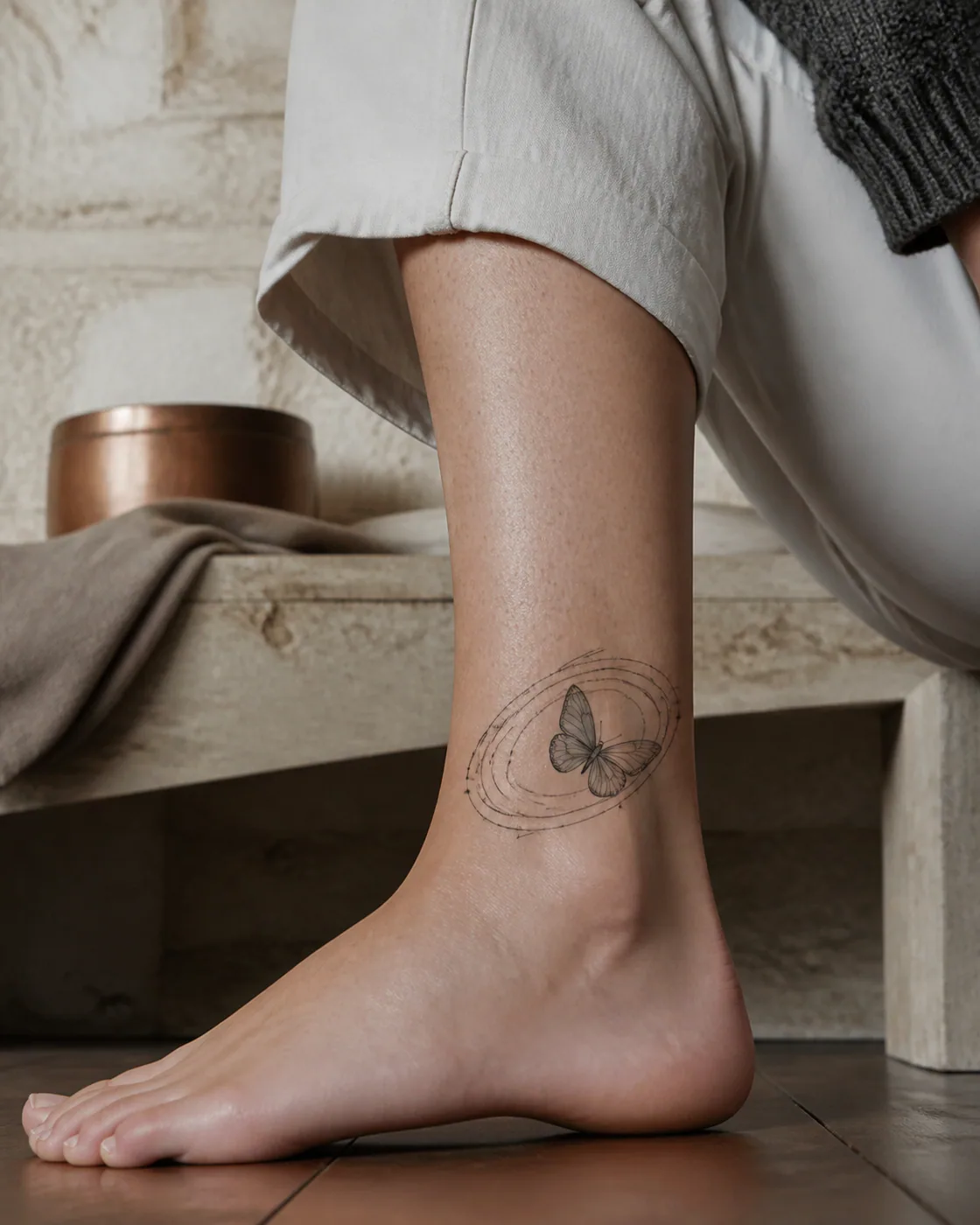 Geometric tattoo of a glasswing butterfly passing through a ring of meteor trails featuring an integrated butterfly on the ankle