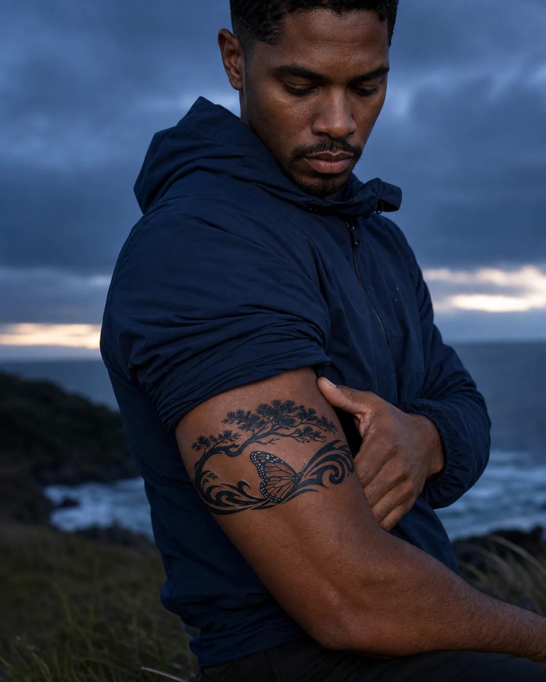 Tribal tattoo of a monarch following the curve of a storm-bent coastal pine featuring an integrated butterfly on the armband