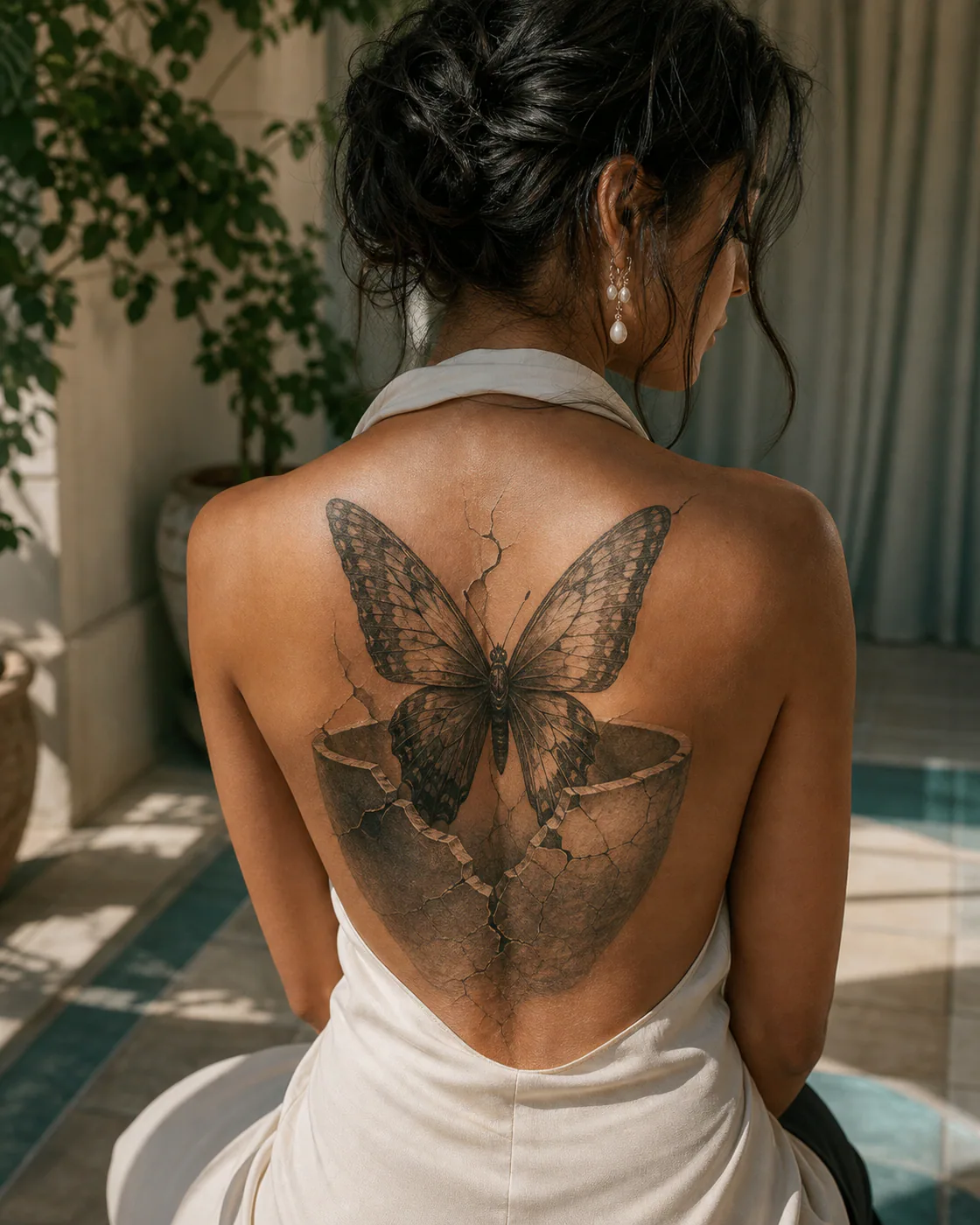 Black and Gray tattoo of a butterfly emerging from a repaired ceramic seam featuring an integrated butterfly on the upper back