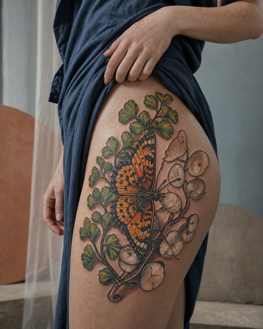 New School tattoo of a fritillary resting between maidenhair fern and honesty pods featuring an integrated butterfly on the hip