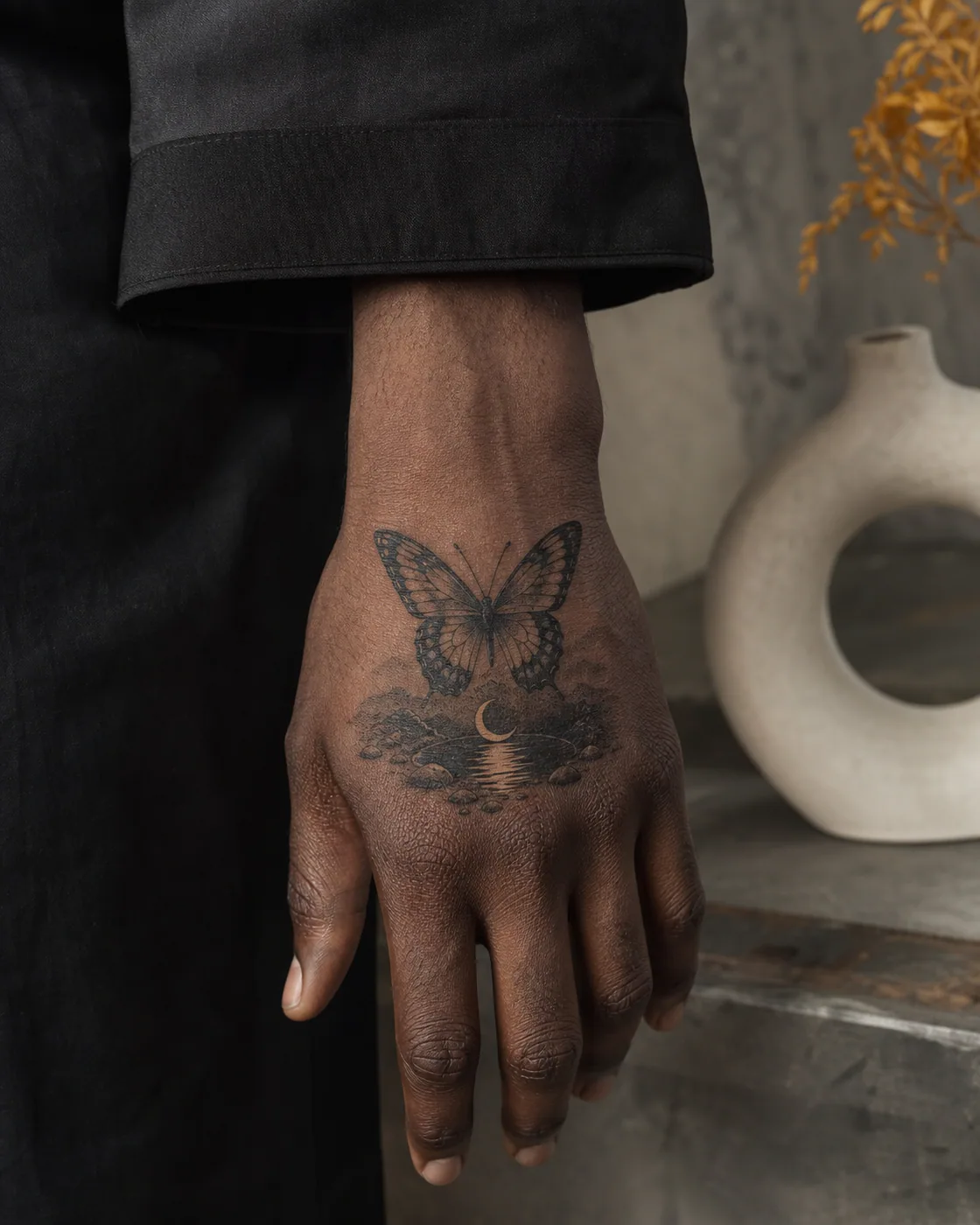 Illustrative tattoo of a butterfly hovering over a moonlit tide pool featuring an integrated butterfly on the back of hand