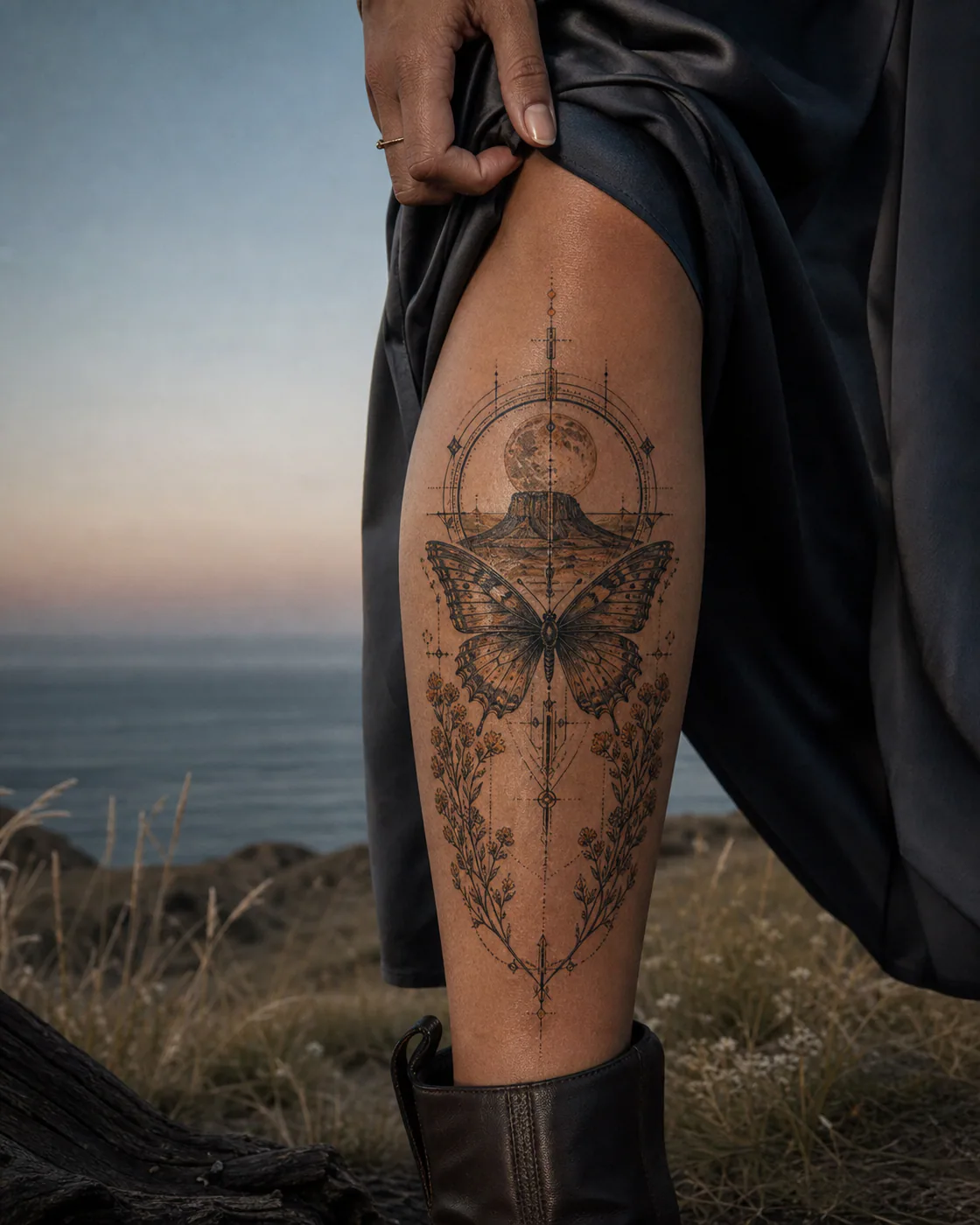 Cybersigilism tattoo of a desert butterfly framed by rabbitbrush and a rising mesa moon featuring an integrated butterfly on the calf