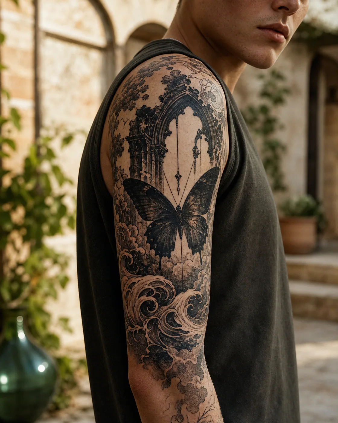 Japanese tattoo of a dark butterfly suspended beneath a ruined cloister arch featuring an integrated butterfly on the half sleeve