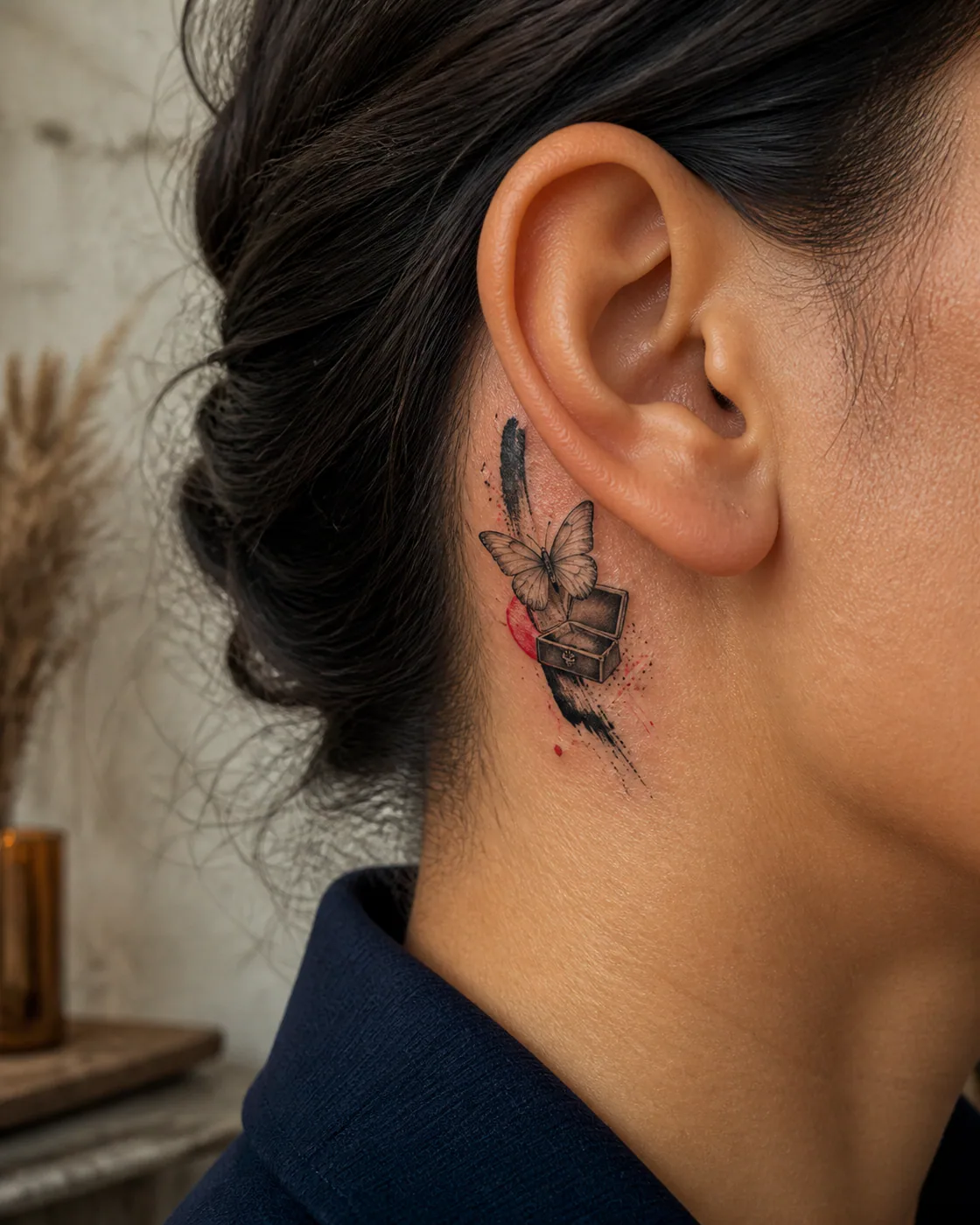 Trash Polka tattoo of a pale butterfly lifting from an opened keepsake box featuring an integrated butterfly on the behind the ear