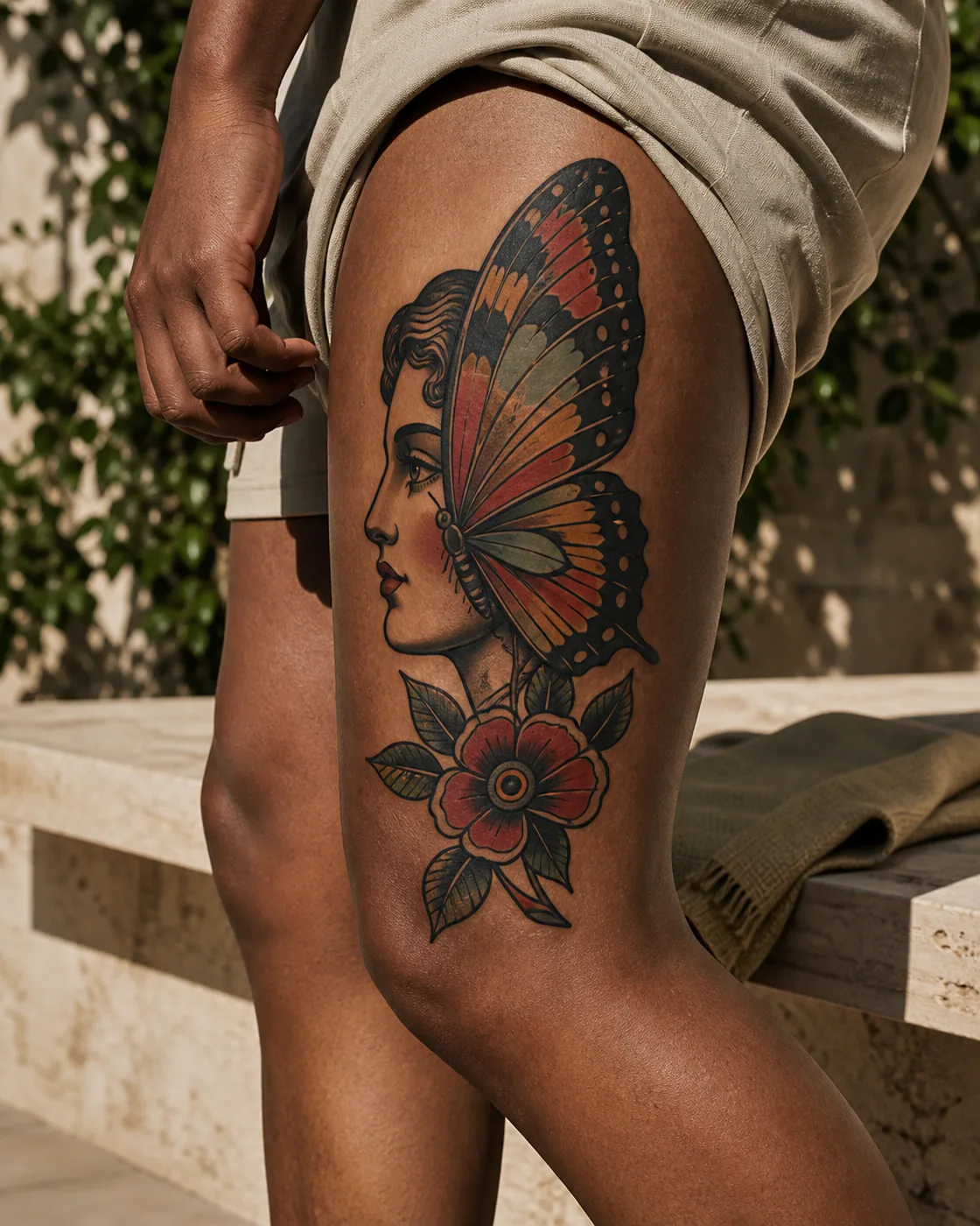 American Traditional tattoo of an anonymous profile partially veiled by one translucent butterfly wing featuring an integrated butterfly on the outer thigh