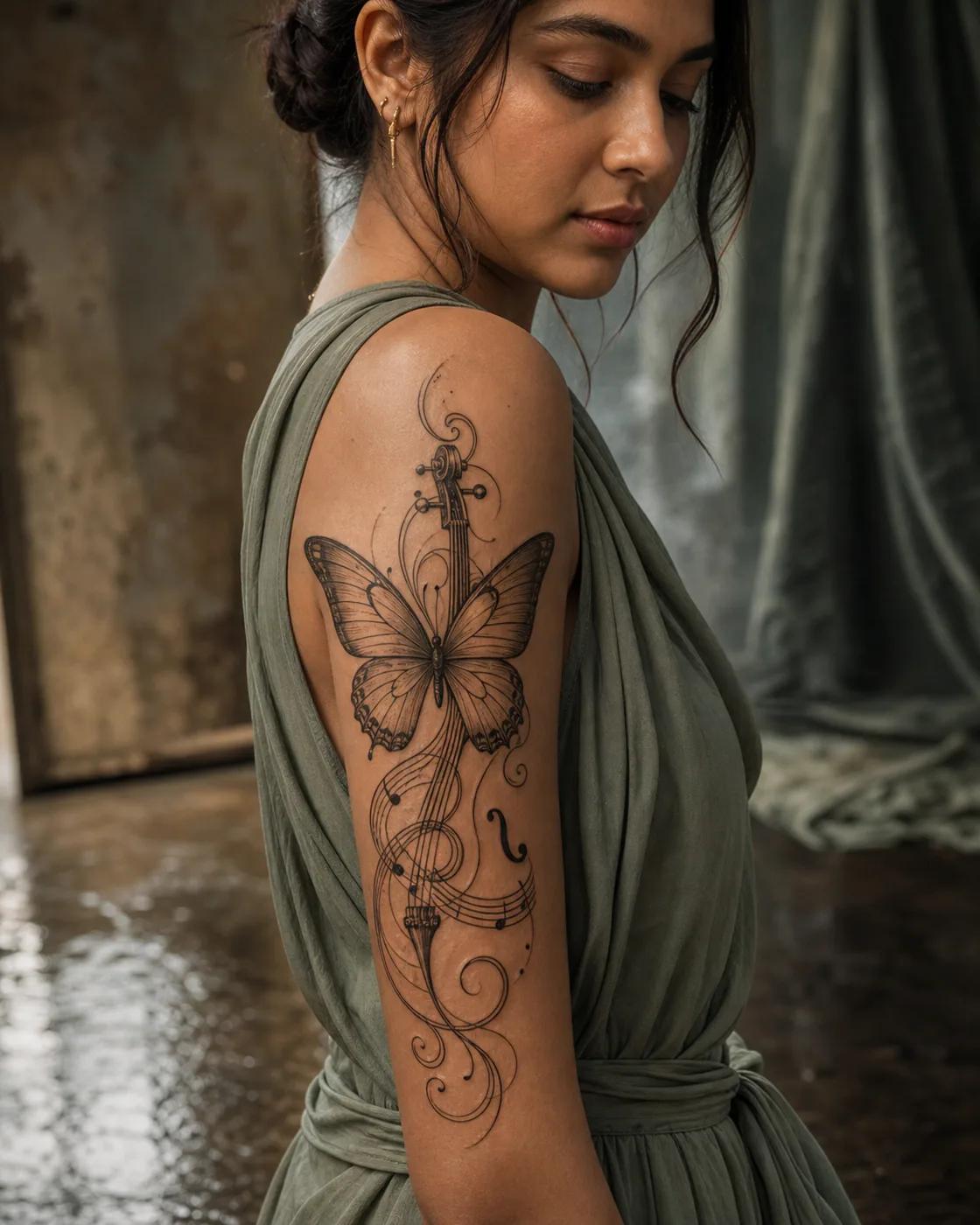 Ornamental tattoo of a butterfly carried through the curved sound waves of a cello featuring an integrated butterfly on the upper arm