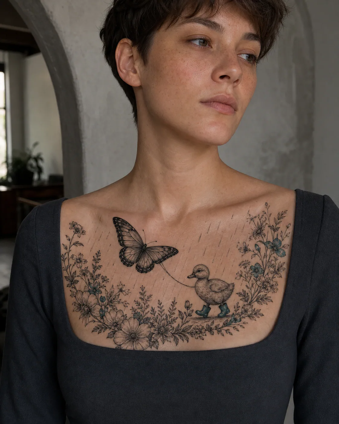 Floral tattoo of a tiny butterfly guiding a boot-wearing duck through rain featuring an integrated butterfly on the chest