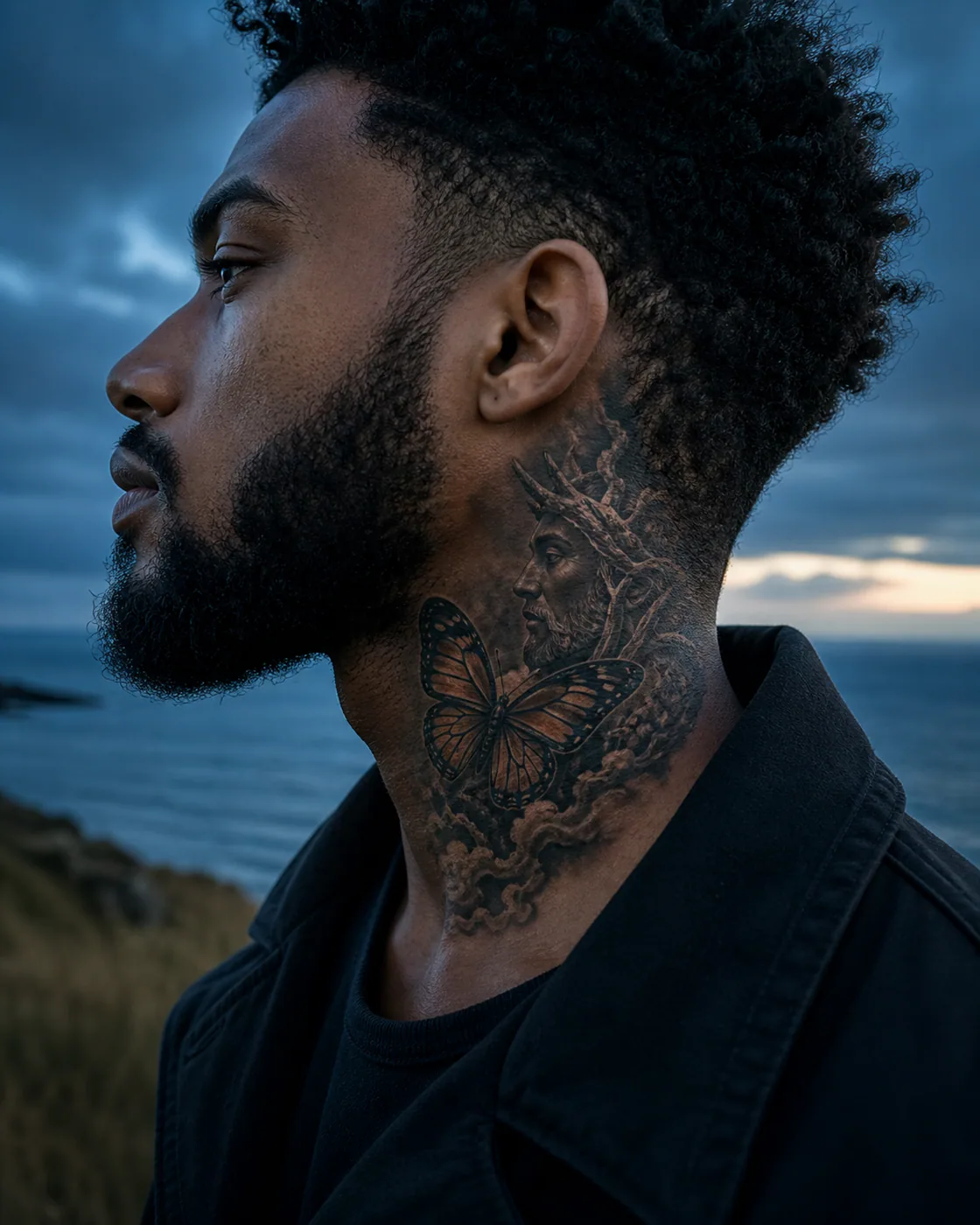 Realism tattoo of a luminous butterfly accompanying a cloud-borne forest guardian featuring an integrated butterfly on the side of neck