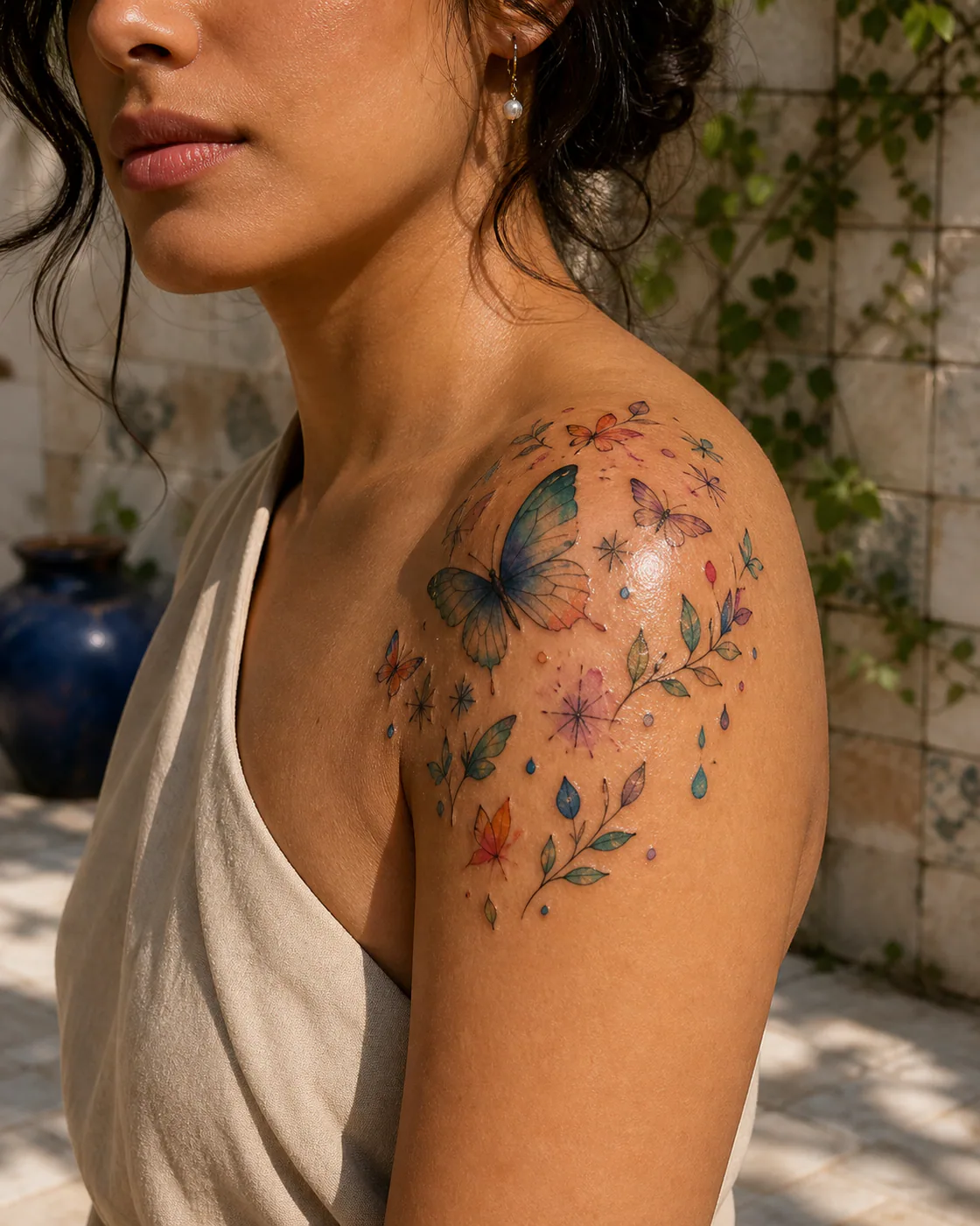 Watercolor tattoo of a constellation of miniature butterflies, sparks, leaves, and droplets featuring an integrated butterfly on the shoulder cap