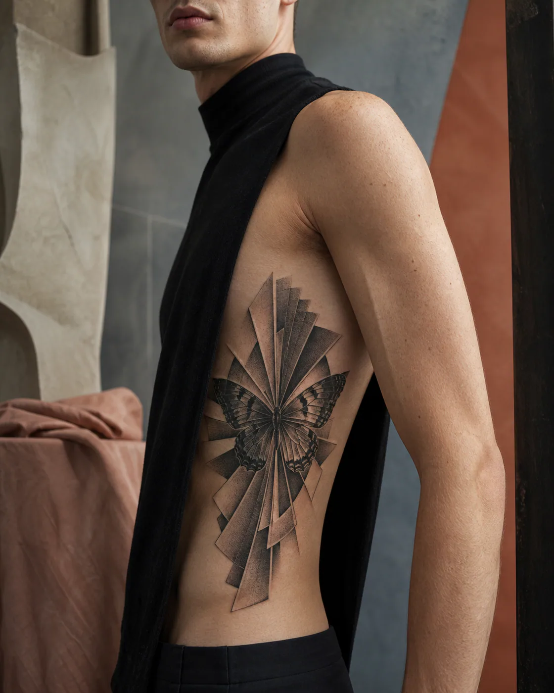 Surrealism tattoo of a butterfly silhouette assembled from interlocking radial planes featuring an integrated butterfly on the side ribs