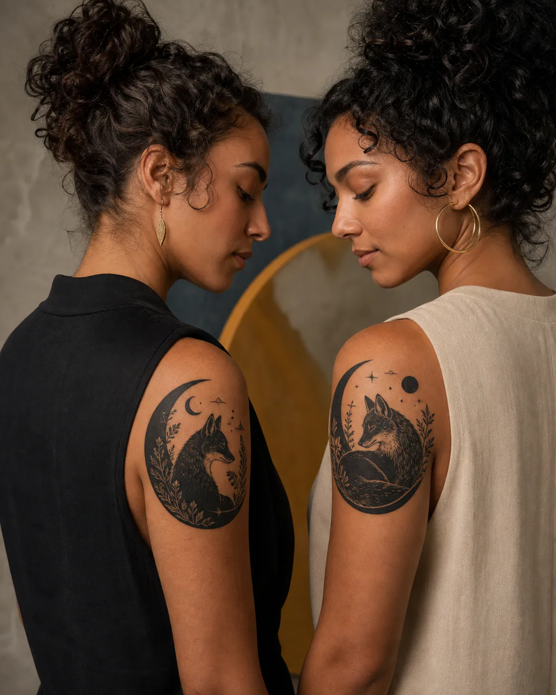 Blackwork tattoo of two complementary fox and crescent motifs that form one landscape together as a complementary couple tattoo pair on the shoulder cap