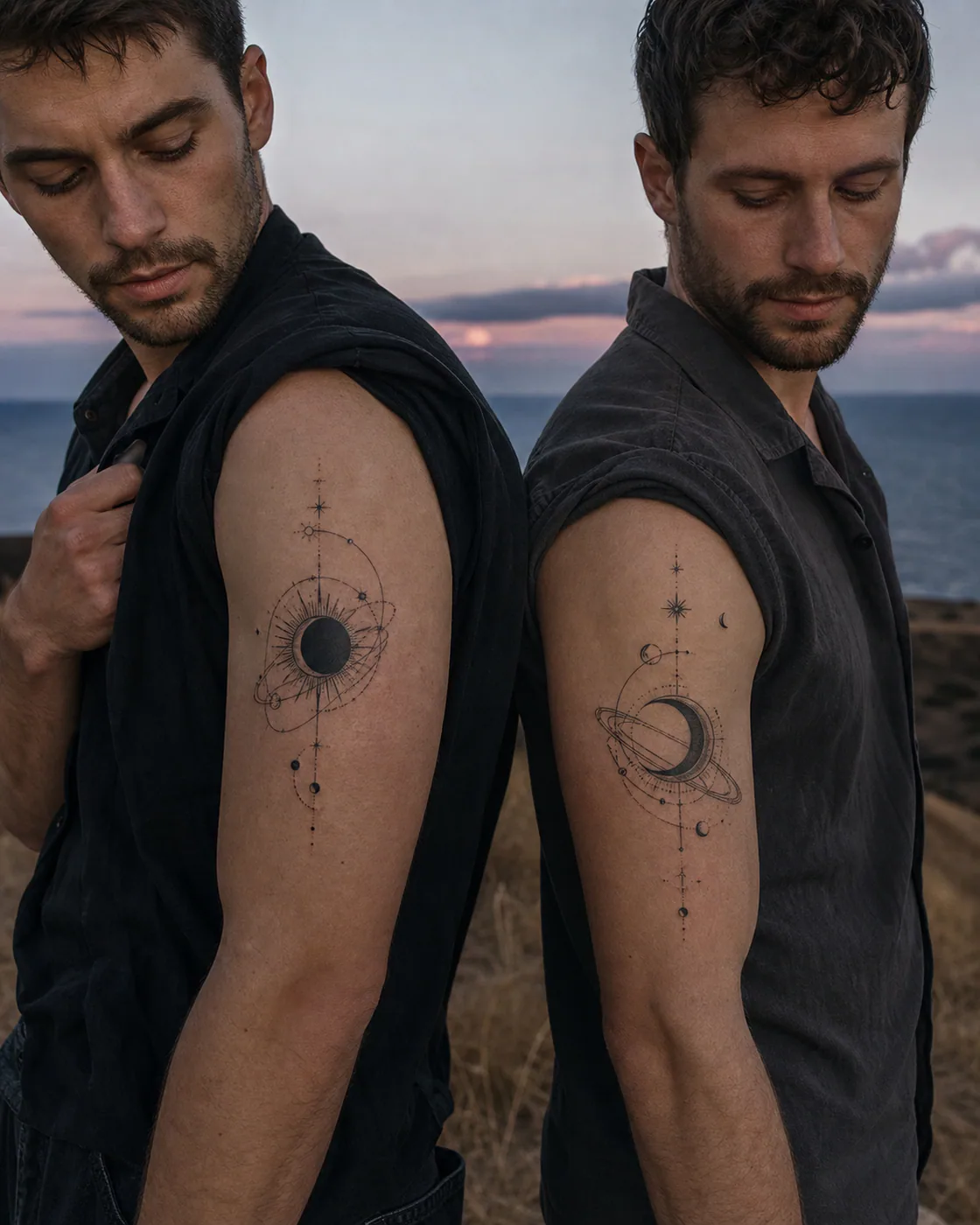 Illustrative tattoo of two orbital compositions sharing a single implied eclipse as a complementary couple tattoo pair on the upper arm