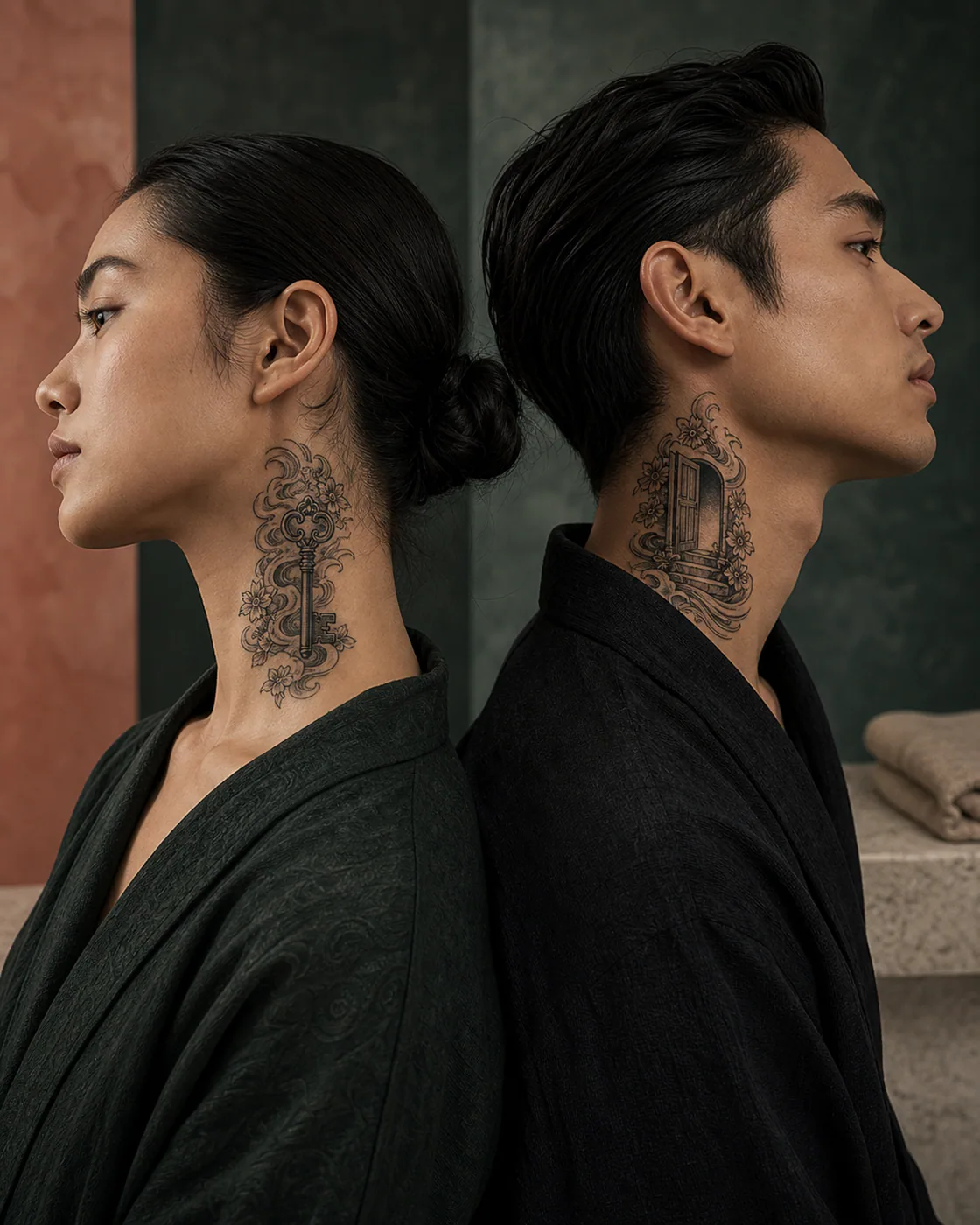 Japanese tattoo of a key and an open doorway designed as complete companion symbols as a complementary couple tattoo pair on the side of neck