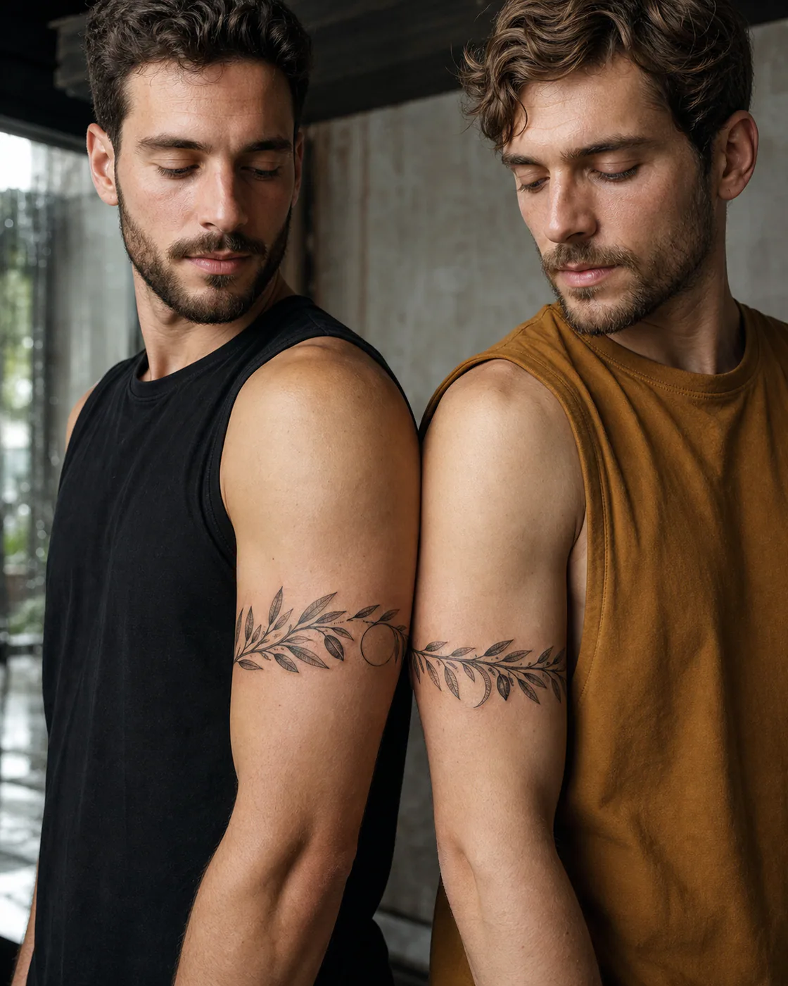 Dotwork tattoo of two distinct olive branches whose negative spaces align as a complementary couple tattoo pair on the armband