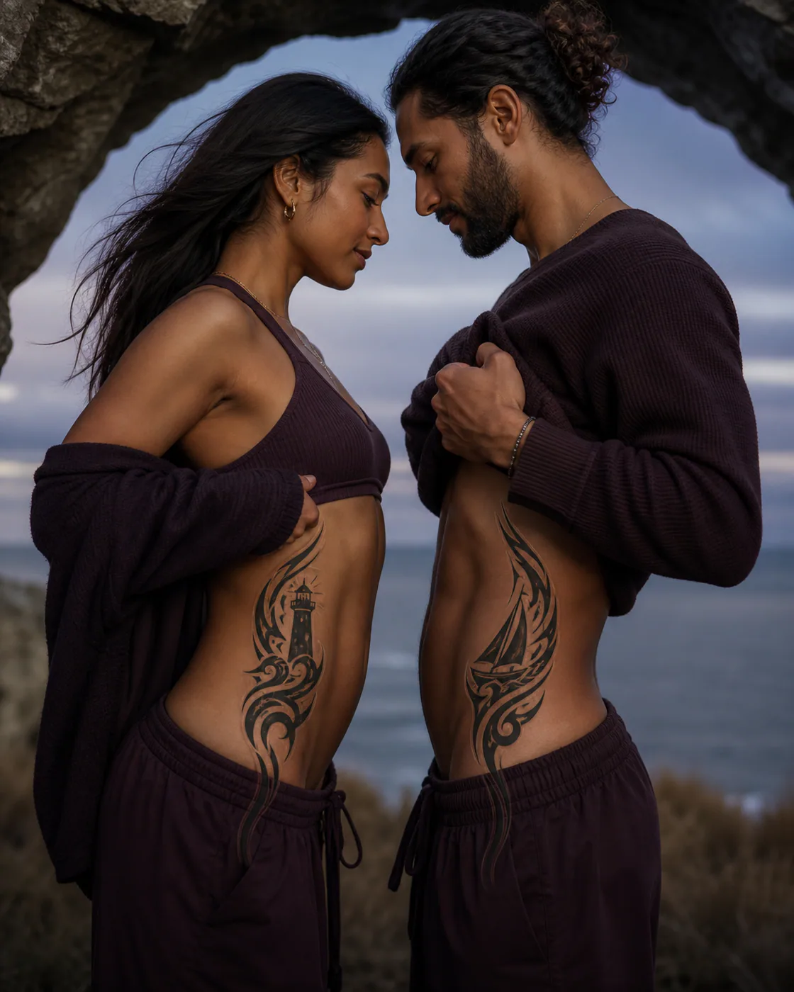 Tribal tattoo of a lighthouse and a returning sail designed as balanced counterparts as a complementary couple tattoo pair on the side ribs