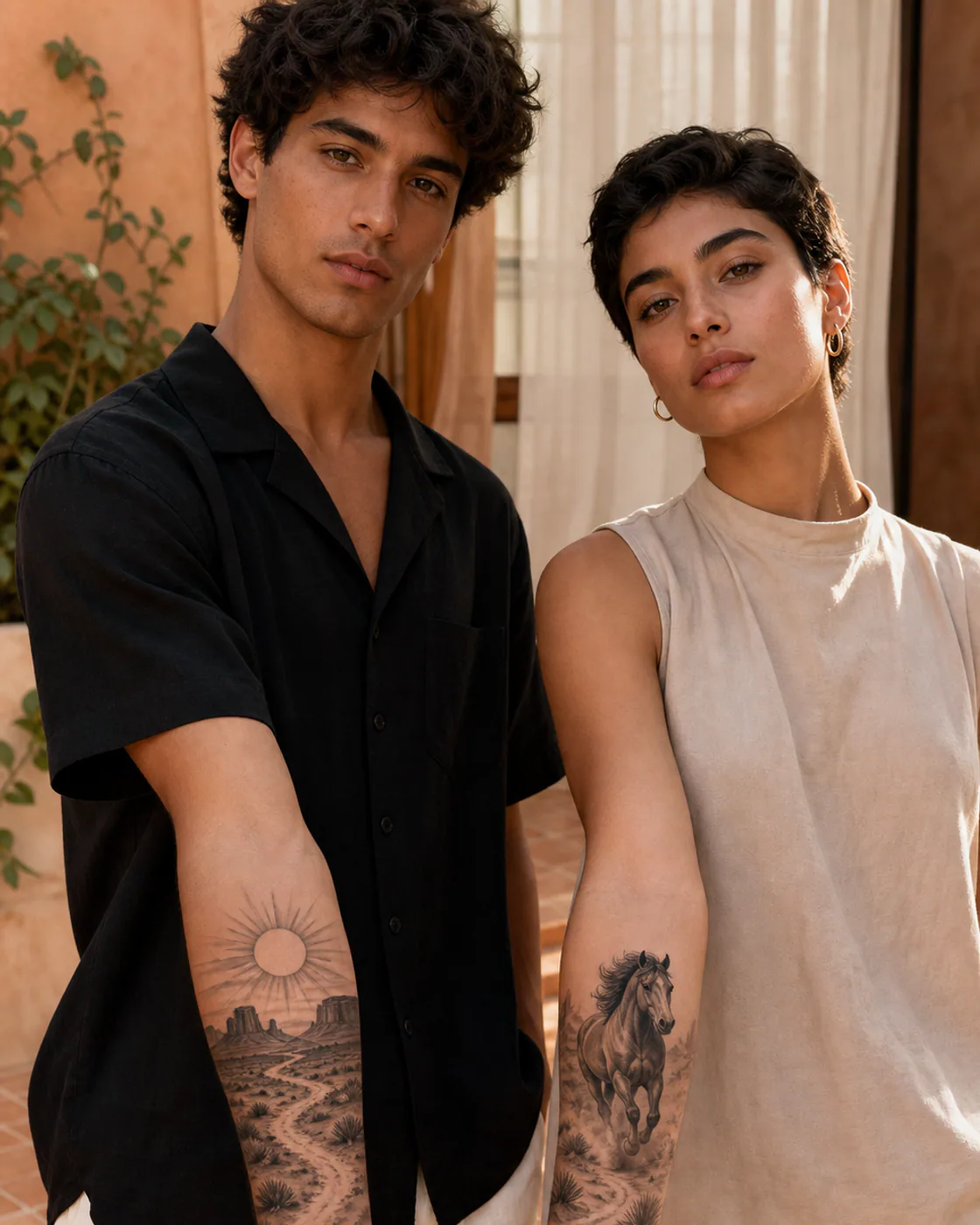 Black and Gray tattoo of a desert sun and a running horse linked by the same dust curve as a complementary couple tattoo pair on the forearm