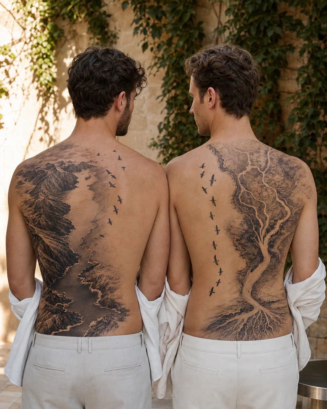 Realism tattoo of two separate map fragments connected by a migratory bird path as a complementary couple tattoo pair on the full back