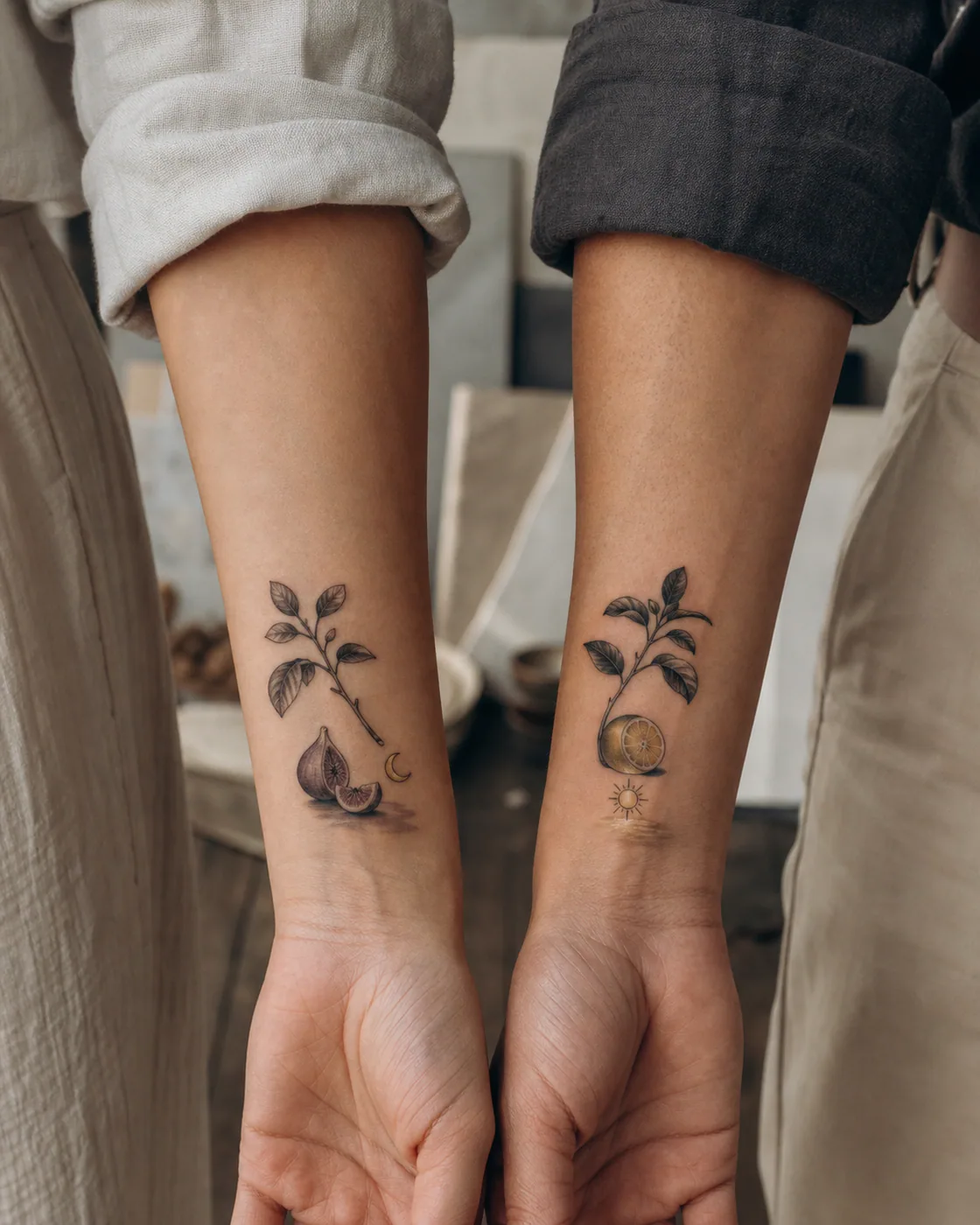 Surrealism tattoo of a fig branch and a citrus branch sharing the same still-life rhythm as a complementary couple tattoo pair on the wrist