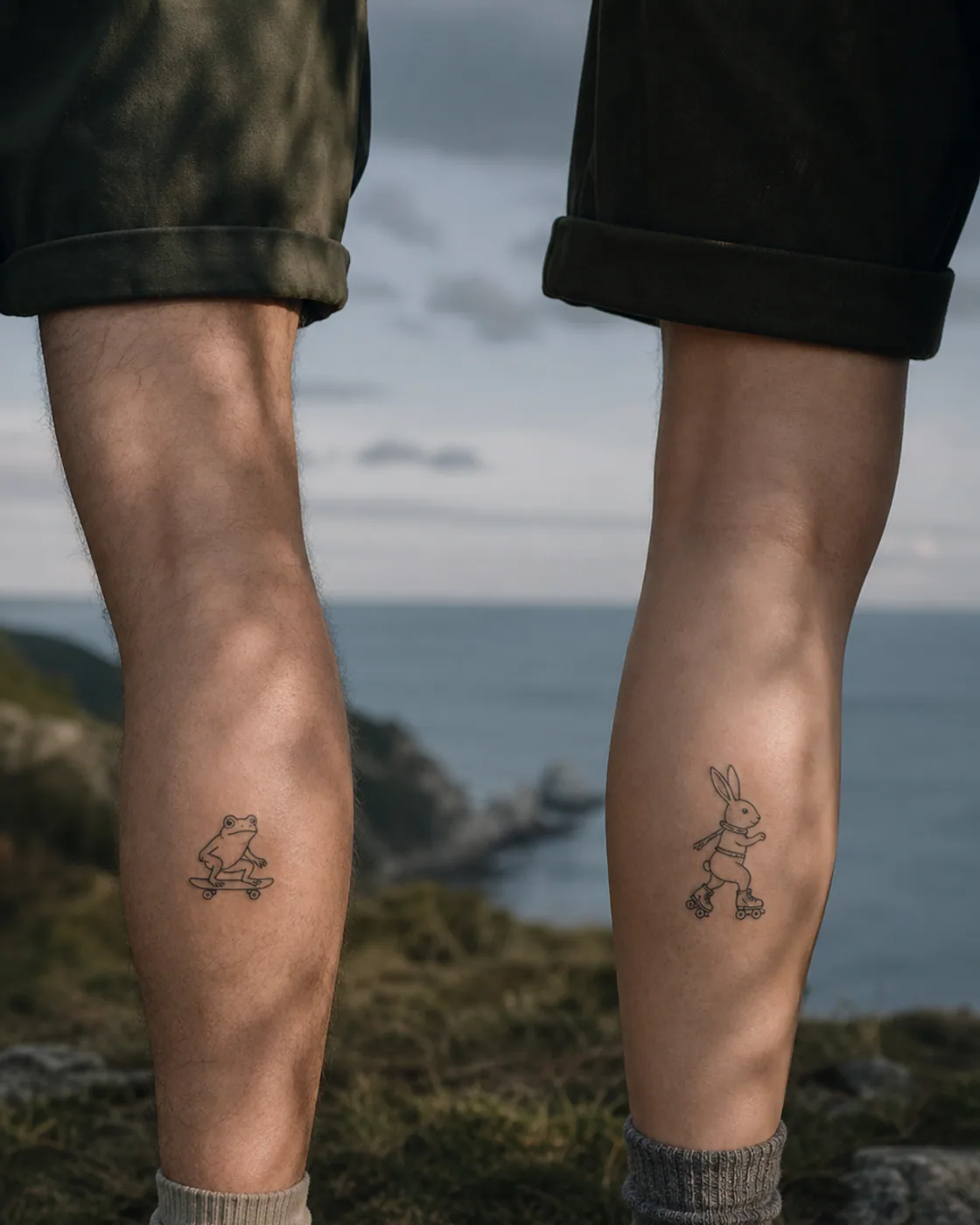 Minimalist tattoo of a frog on a skateboard and a rabbit on roller skates as distinct partners as a complementary couple tattoo pair on the calf