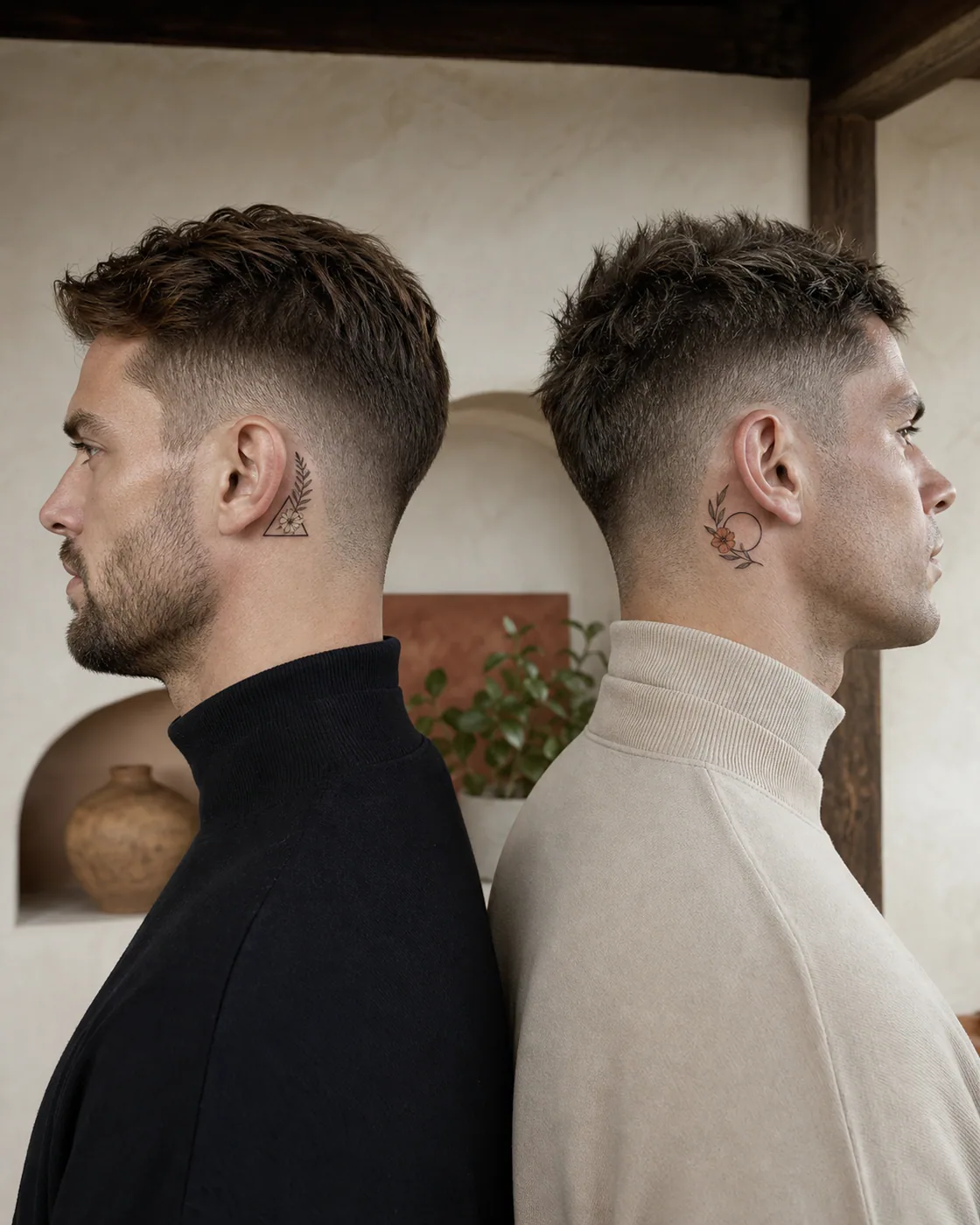 Floral tattoo of two asymmetric geometric portals that align into a complete axis as a complementary couple tattoo pair on the behind the ear