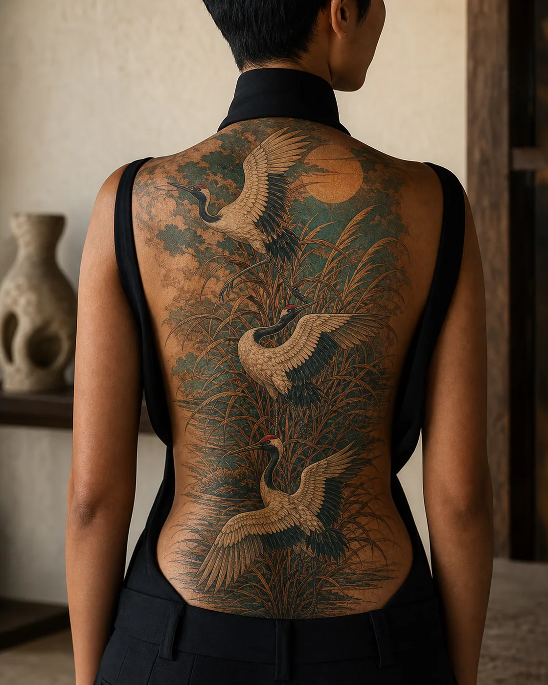 Neo-Traditional tattoo of three cranes returning to different levels of one reed bed with a three-part family connection motif on the full back
