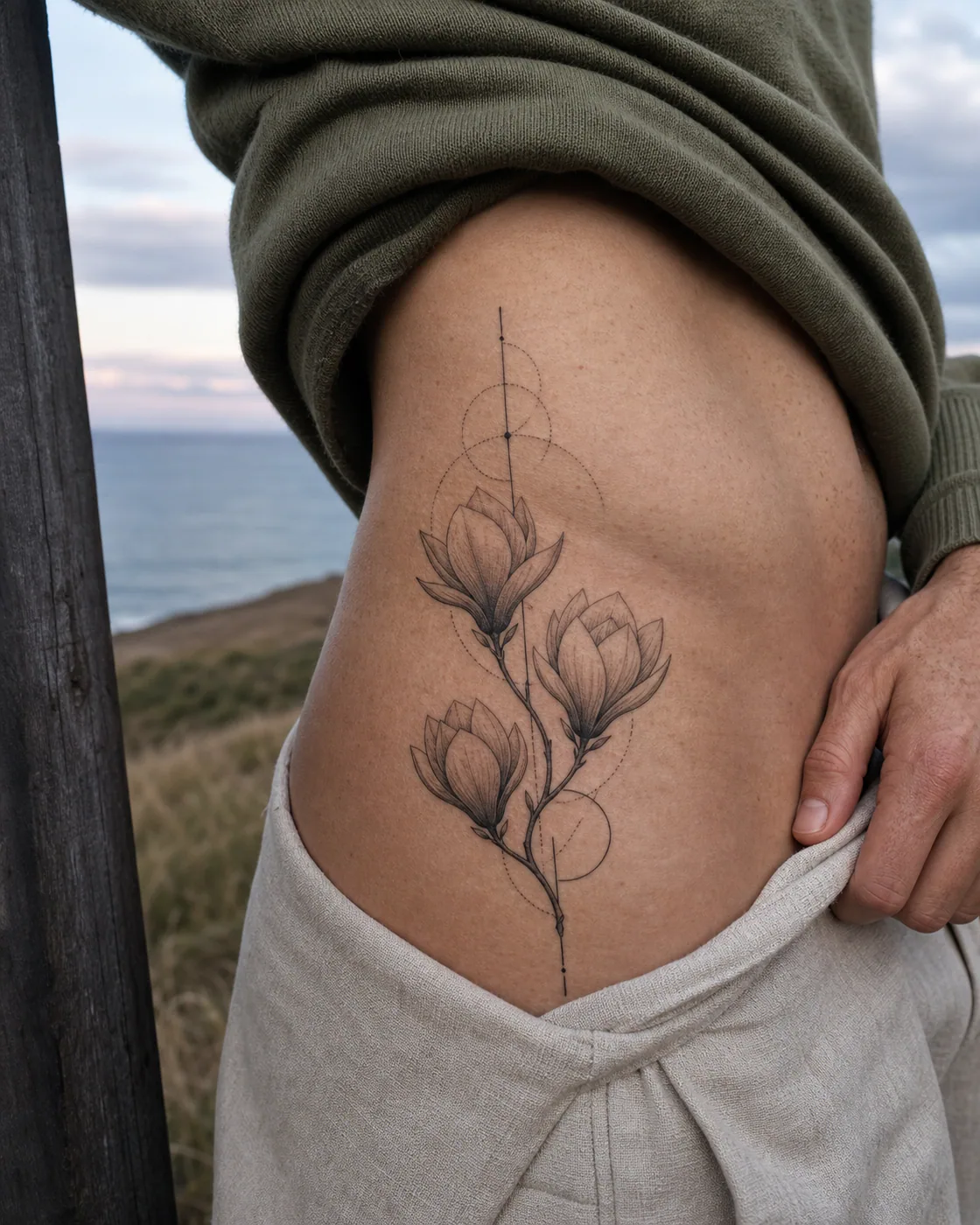 Geometric tattoo of three stages of a magnolia bloom carried by one branching stem with a three-part family connection motif on the hip