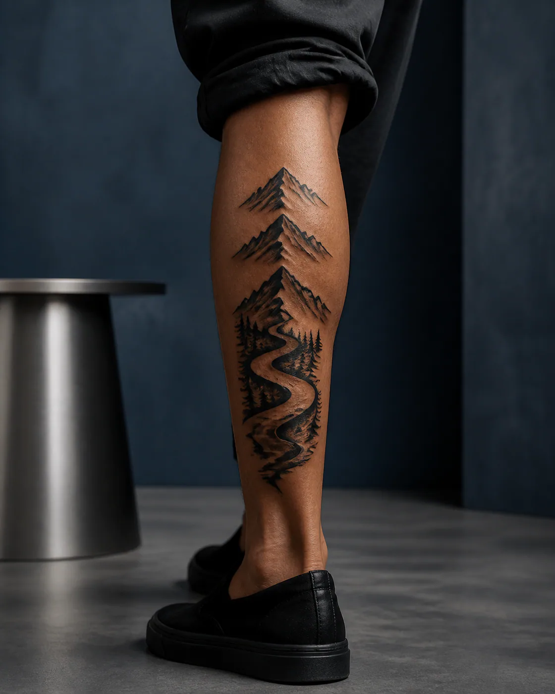 Blackwork tattoo of three mountain ridges rising from the same winding river with a three-part family connection motif on the calf