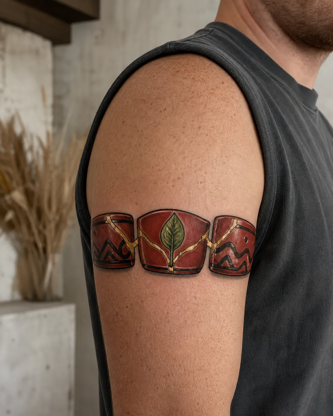 New School tattoo of three repaired ceramic fragments protecting one new leaf with a three-part family connection motif on the armband