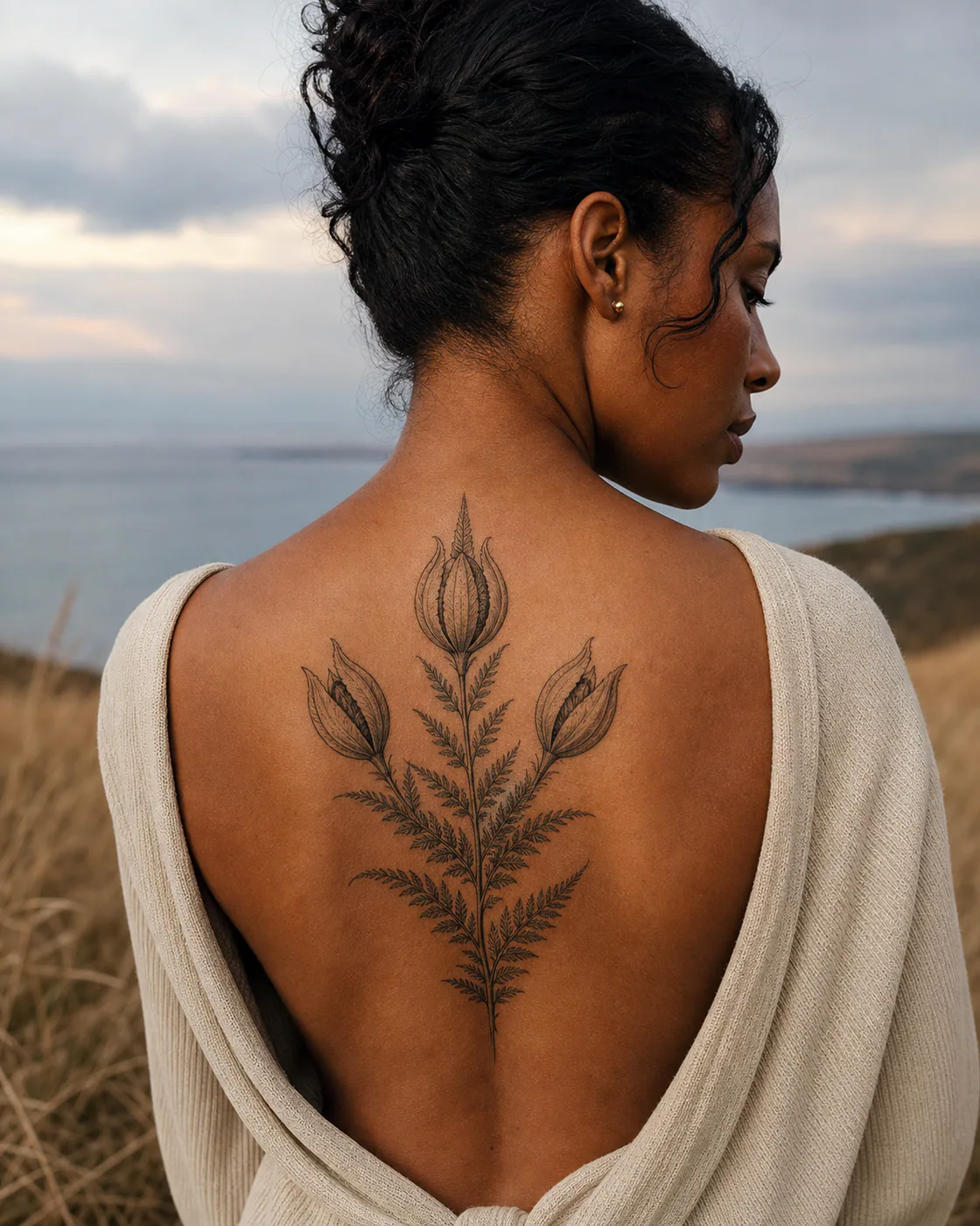 Illustrative tattoo of three seed pods opening along a single resilient fern with a three-part family connection motif on the upper back