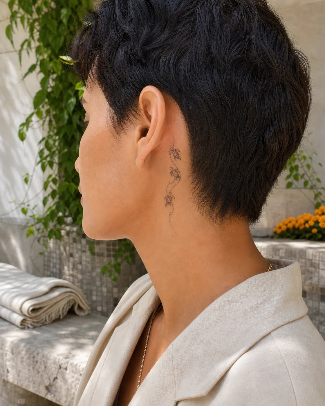 Fine Line tattoo of three sea turtles moving through one continuous current with a three-part family connection motif on the behind the ear