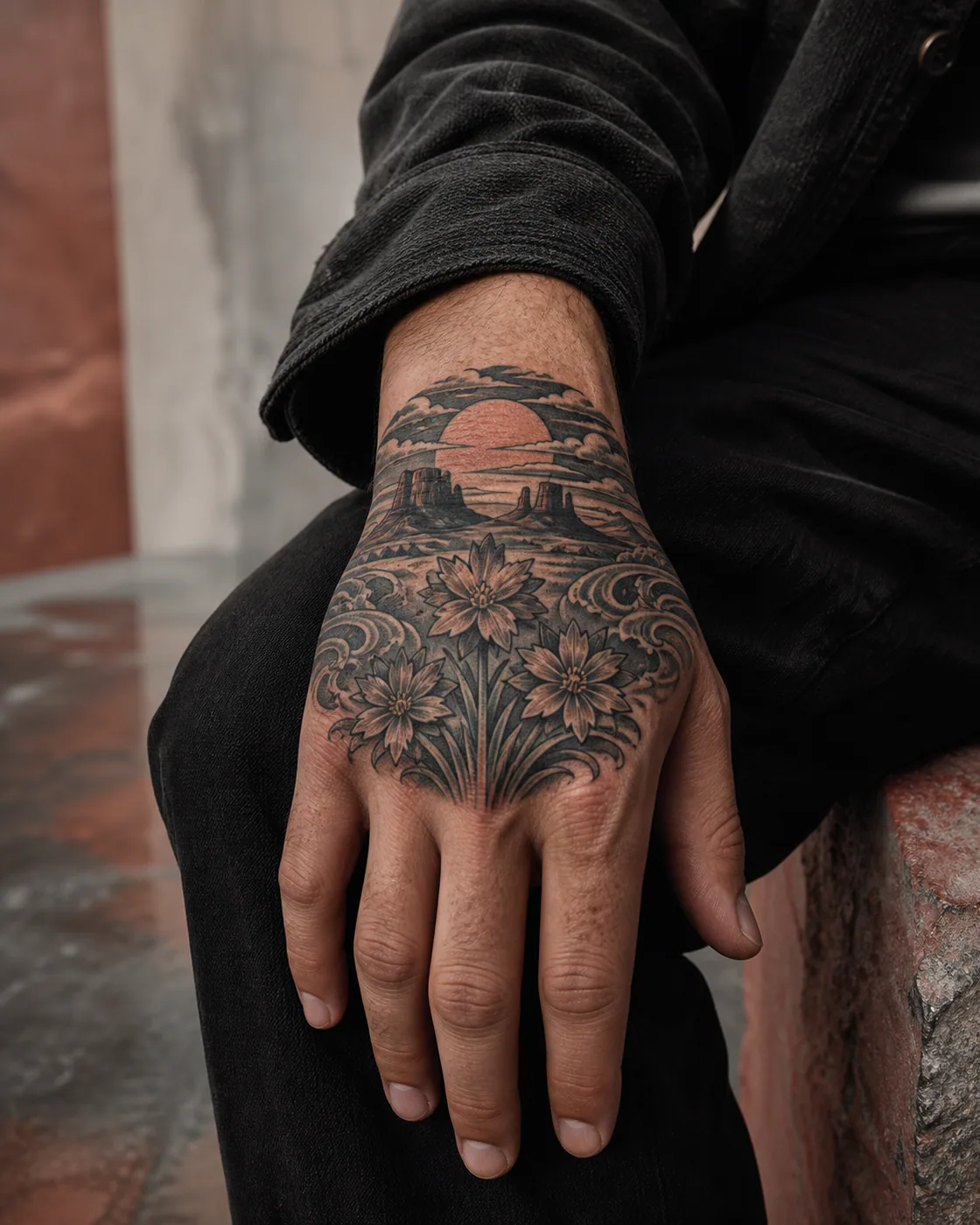 Japanese tattoo of three prairie stars sheltered beneath one wide desert horizon with a three-part family connection motif on the back of hand