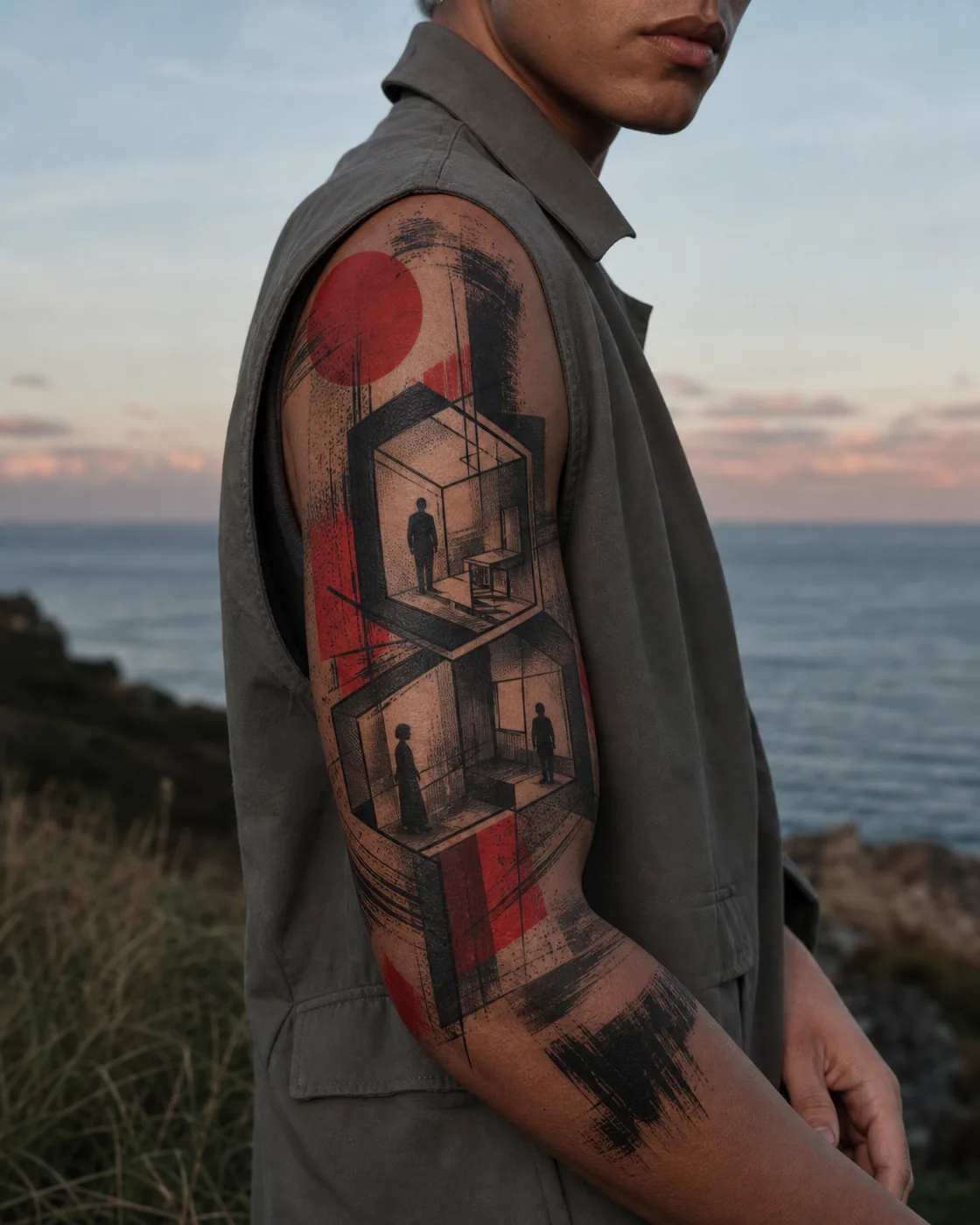 Trash Polka tattoo of three paper rooms folding into one impossible home with a three-part family connection motif on the half sleeve