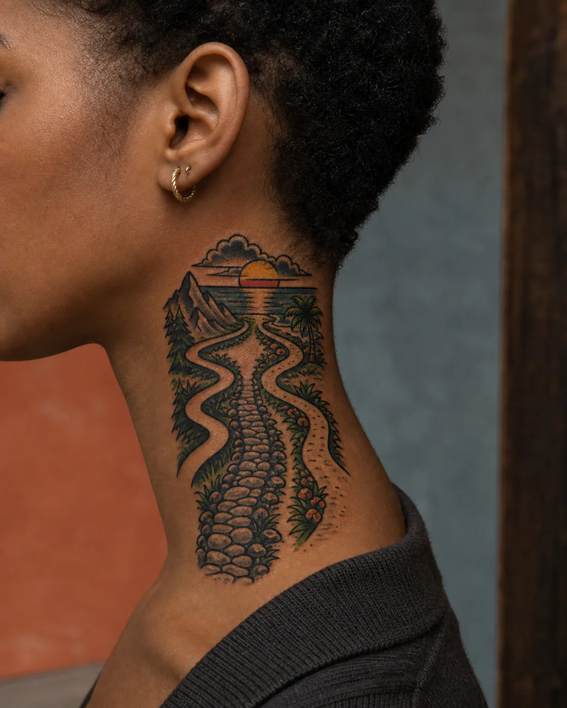 American Traditional tattoo of three travel paths converging at the same quiet shoreline with a three-part family connection motif on the side of neck