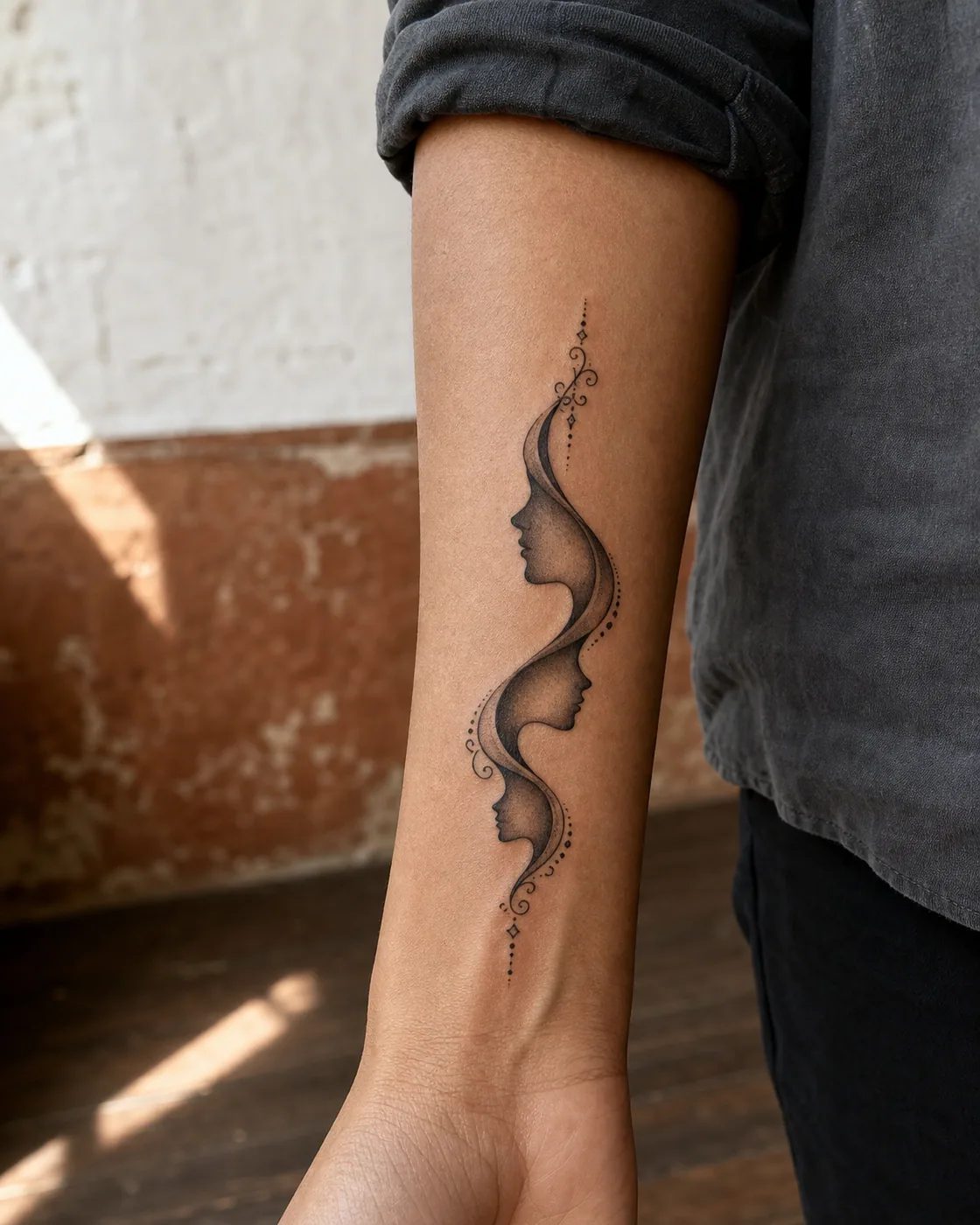 Ornamental tattoo of three anonymous profiles suggested by one continuous shadow with a three-part family connection motif on the wrist