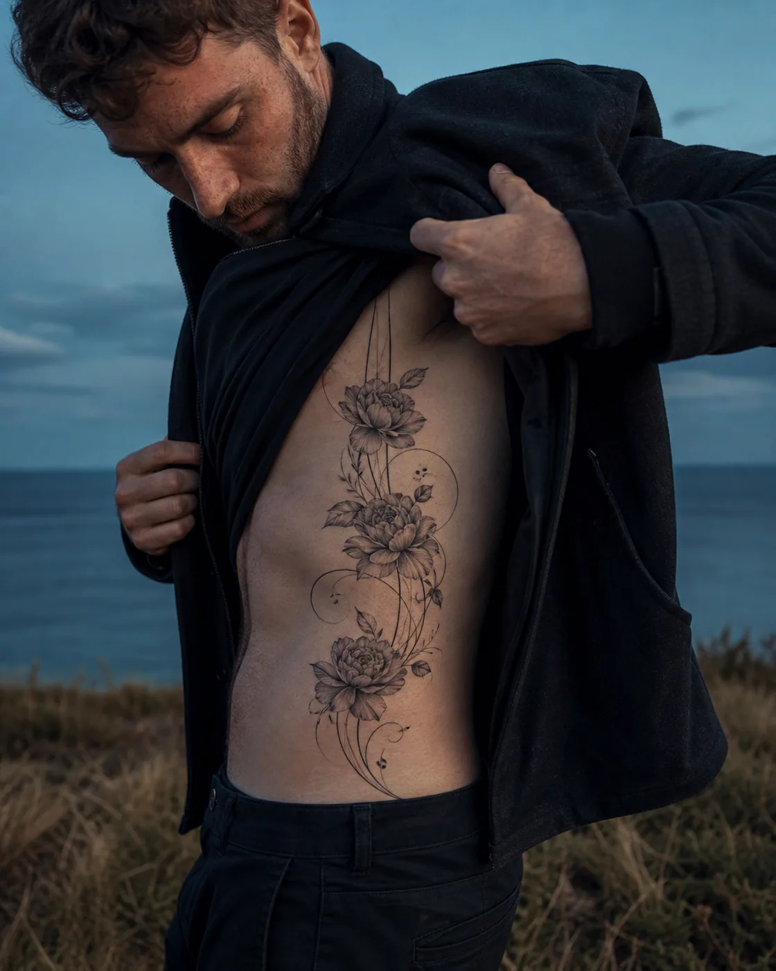 Floral tattoo of three instrument strings releasing a shared expanding rhythm with a three-part family connection motif on the side ribs
