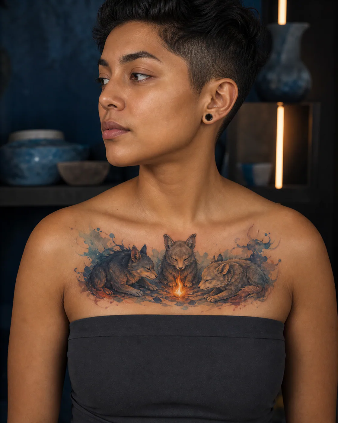 Watercolor tattoo of three small guardian animals gathered around a living ember with a three-part family connection motif on the chest